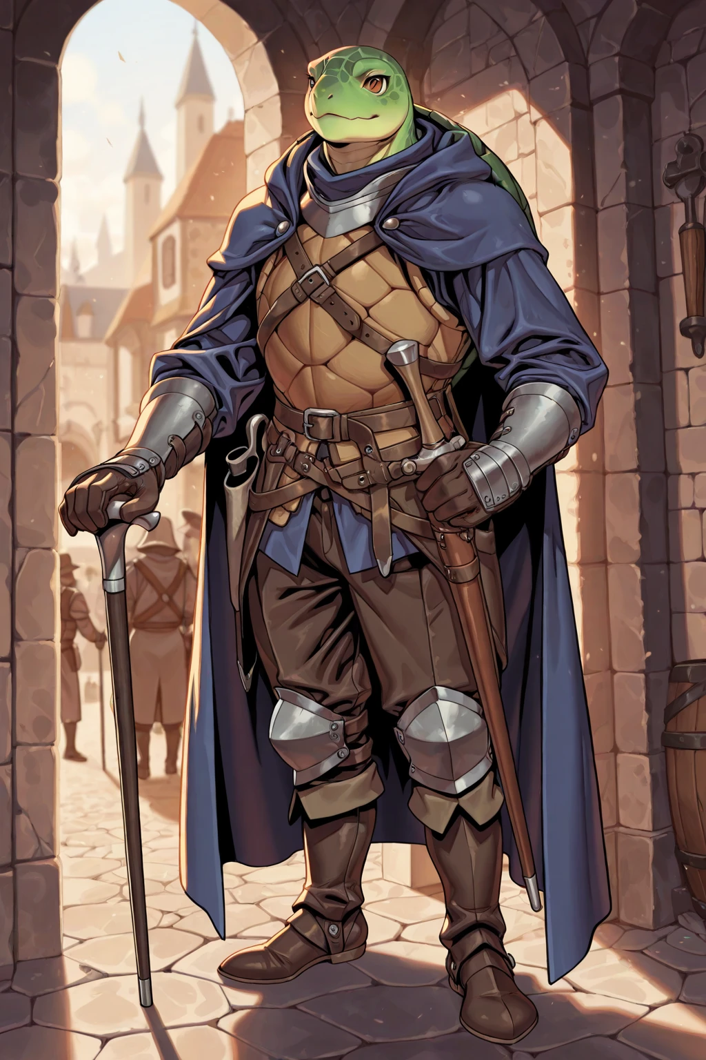 high detailed half-elf male,((male)), elf, brown_hair messy_hair smiling_face, green_eyes, scar_across_eye, pointed_ears, tan, armor breastplate blue_cape, leather_gloves, belt, belt_pounch, , paladin knight, simple_background, male_focus solo, final fantasy tactics, jrpg, demacia, vox machina style,link,mature,knight,strong,warrior,royal,uniform,((detailed)),shaded, beautiful,king, (knee-high boots),(character design),