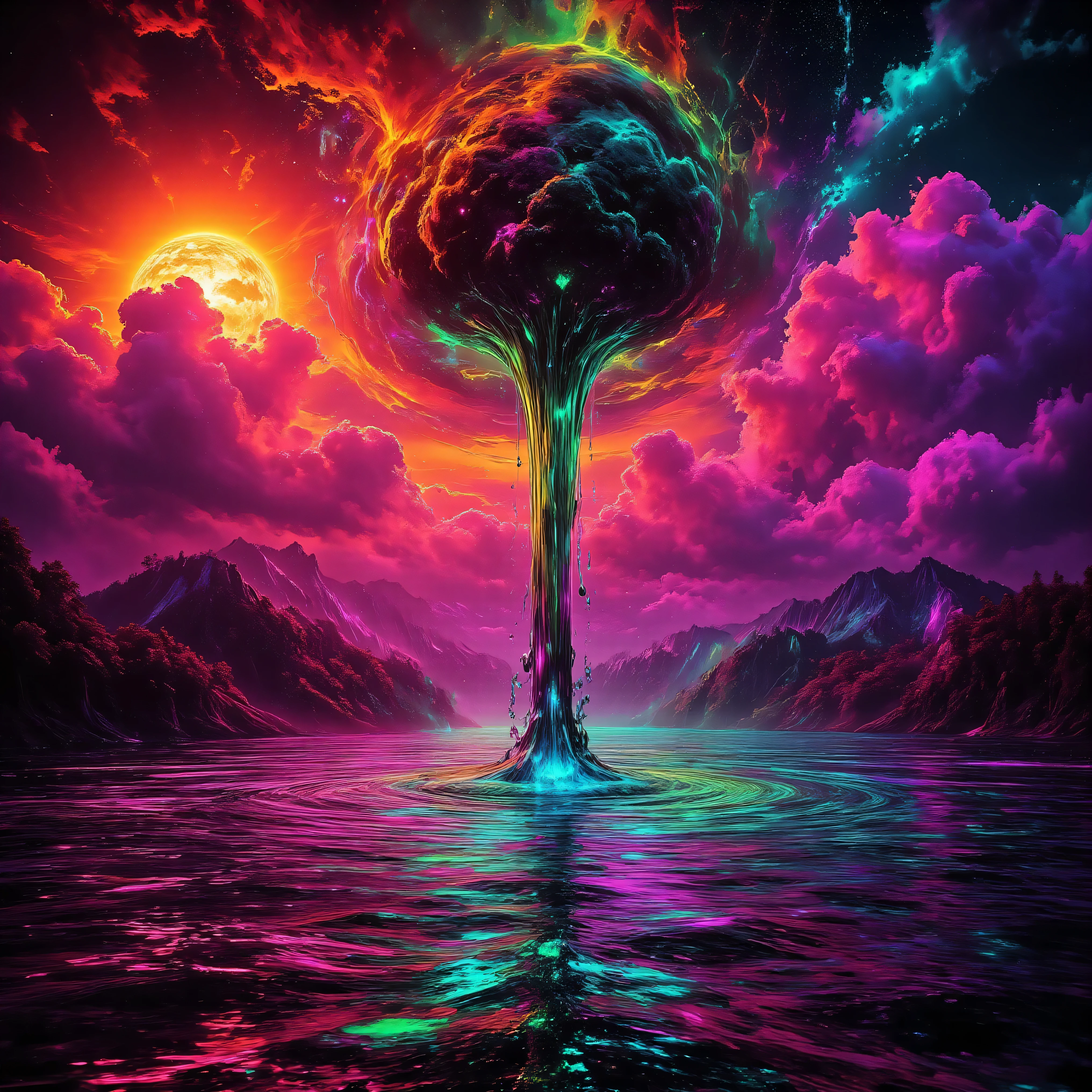 Ultra-realistic, photo-realistic, the most aesthetically incredible images of a sunset ever made. The fireball that is the sun appears overly enormous and low and overly bright in the sky, partially obscured by many cumulus clouds that have turned purple and purple-reddish as billowing filters for the bright sunlight. There is a lake below the sunset that reflects it perfectly like a mirror. Directly in the middle of the lake view there is a great whirlpool building up, and as it swirls around in a perfectly symmetrical circle of a vortex, it reveals different colored waters pushing through each other.  One dark forest green colored cumulus cloud above this whirlpool is what appears to be slime green thick liquid pouring heavily out of it and is quickly absorbed by the spinning churning pool down below. Very colorful artwork. A combination of dark and bright colors contrasts beautifully together and then melts together nicely. Vibrant, dramatic lighting and shading within the image are enhanced by high-contrast lighting and coloration. Ultra-realistic, Photorealistic, 3D rendered realism, UHDR, highres, 8k Octane render, trending on artstation, stable diffusion and a dynamic fusion of landscape and a colorful atmospheric phenomenon. Visually striking composition and stunning masterpiece of out-of-this-world proportions. Experimental landscape art style in photorealism photography and lighting that highlights the textures of the lake and colorful clouds above. Optically stimulating and colorful clouds that bring the sunset to life. Otherworldly, surreal, whimsical, avant-garde, and beautiful images. 

