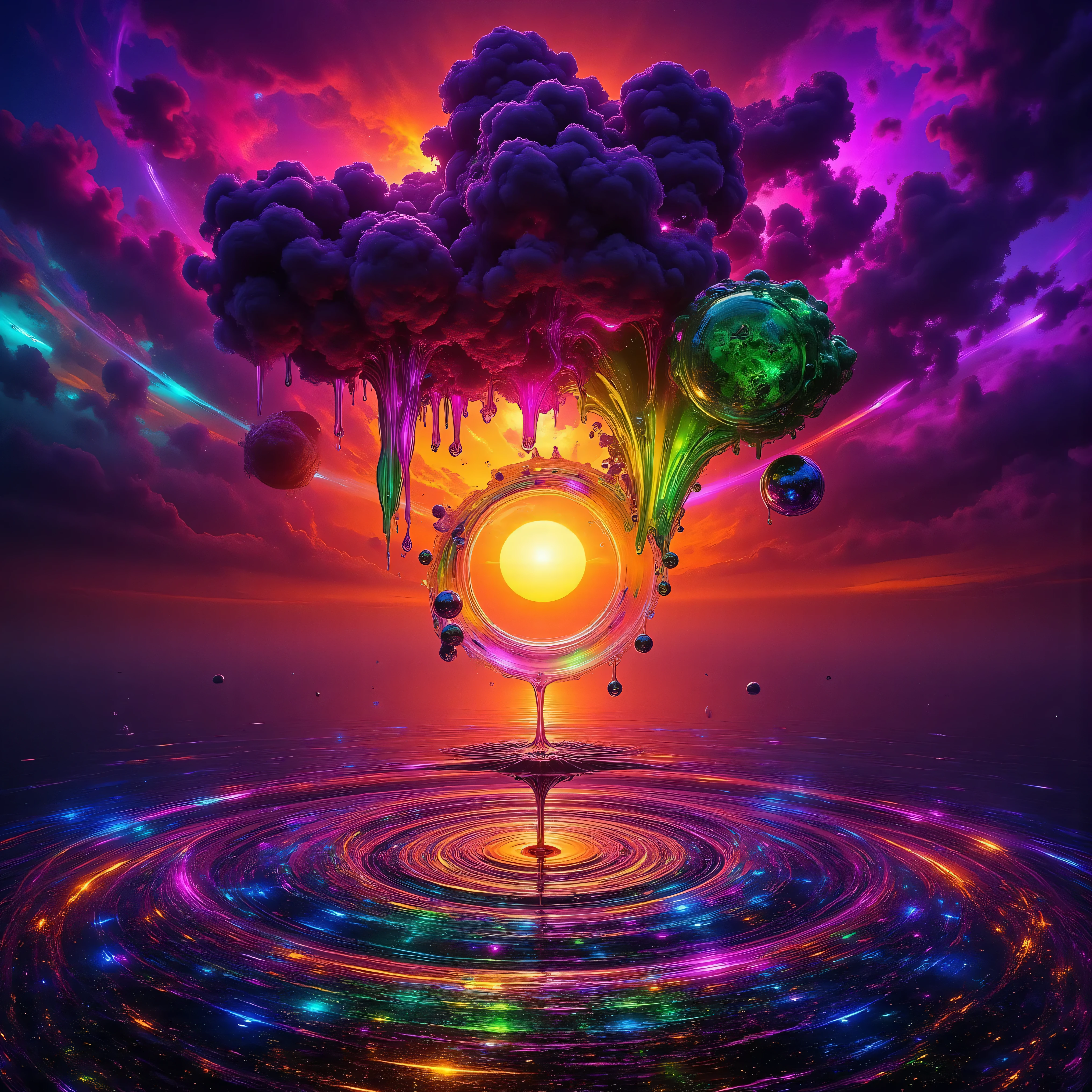 Ultra-realistic, photo-realistic, the most aesthetically incredible images of a sunset ever made. The fireball that is the sun appears overly enormous and low and overly bright in the sky, partially obscured by many cumulus clouds that have turned purple and purple-reddish as billowing filters for the bright sunlight. There is a lake below the sunset that reflects it perfectly like a mirror. Directly in the middle of the lake view there is a great whirlpool building up, and as it swirls around in a perfectly symmetrical circle of a vortex, it reveals different colored waters pushing through each other.  One dark forest green colored cumulus cloud above this whirlpool is what appears to be slime green thick liquid pouring heavily out of it and is quickly absorbed by the spinning churning pool down below. Very colorful artwork. A combination of dark and bright colors contrasts beautifully together and then melts together nicely. Vibrant, dramatic lighting and shading within the image are enhanced by high-contrast lighting and coloration. Ultra-realistic, Photorealistic, 3D rendered realism, UHDR, highres, 8k Octane render, trending on artstation, stable diffusion and a dynamic fusion of landscape and a colorful atmospheric phenomenon. Visually striking composition and stunning masterpiece of out-of-this-world proportions. Experimental landscape art style in photorealism photography and lighting that highlights the textures of the lake and colorful clouds above. Optically stimulating and colorful clouds that bring the sunset to life. Otherworldly, surreal, whimsical, avant-garde, and beautiful images. 

