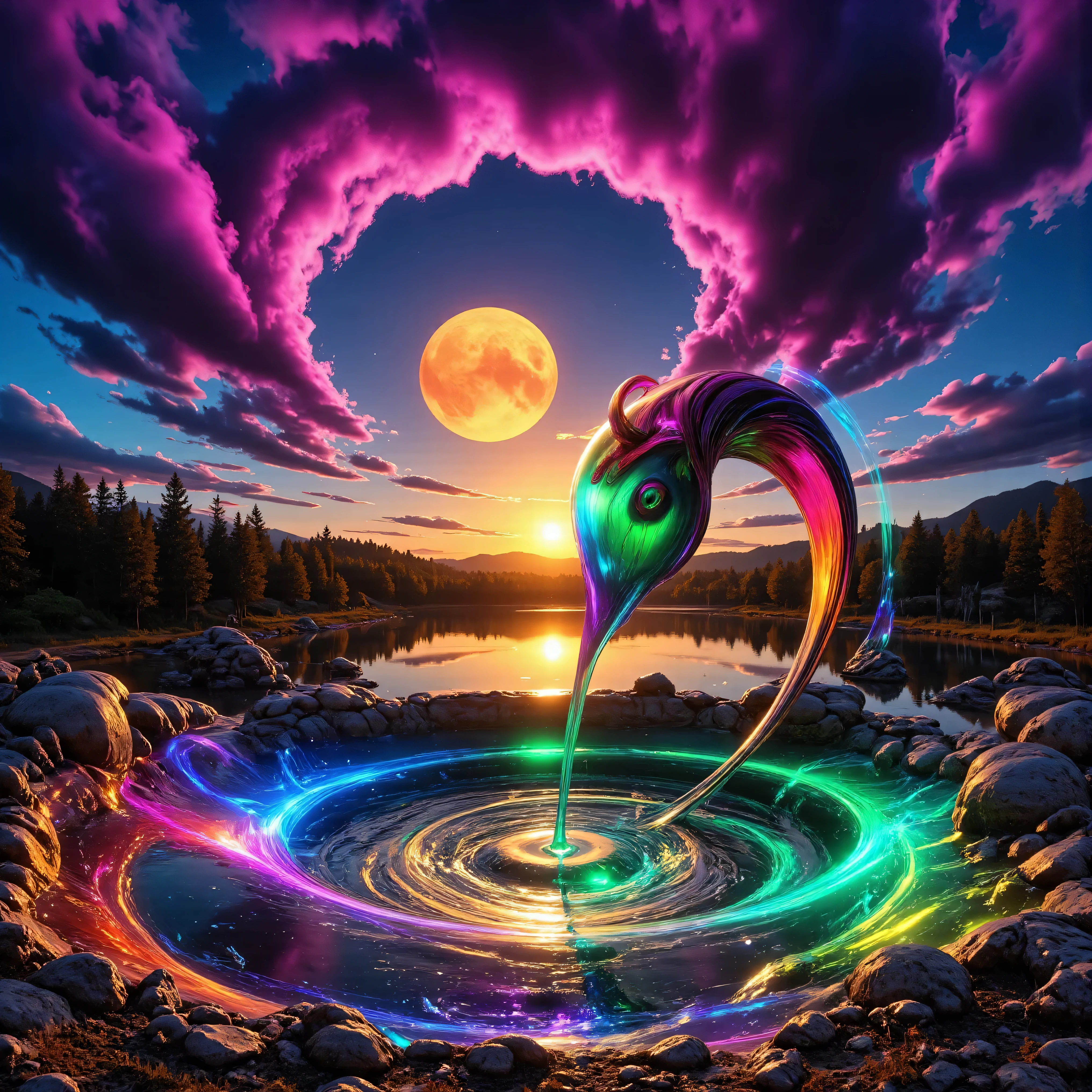 Ultra-realistic, photo-realistic, the most aesthetically incredible images of a sunset ever made. The fireball that is the sun appears overly enormous and low and overly bright in the sky, partially obscured by many cumulus clouds that have turned purple and purple-reddish as billowing filters for the bright sunlight. There is a lake below the sunset that reflects it perfectly like a mirror. Directly in the middle of the lake view there is a great whirlpool building up, and as it swirls around in a perfectly symmetrical circle of a vortex, it reveals different colored waters pushing through each other. One dark forest green colored cumulus cloud above this whirlpool is what appears to be slime green thick liquid pouring heavily out of it and is quickly absorbed by the spinning churning pool down below. Very colorful artwork. A combination of dark and bright colors contrasts beautifully together and then melts together nicely. Vibrant, dramatic lighting and shading within the image are enhanced by high-contrast lighting and coloration. Ultra-realistic, Photorealistic, 3D rendered realism, UHDR, highres, 8k Octane render, trending on artstation, stable diffusion and a dynamic fusion of landscape and a colorful atmospheric phenomenon. Visually striking composition and stunning masterpiece of out-of-this-world proportions. Experimental landscape art style in photorealism photography and lighting that highlights the textures of the lake and colorful clouds above. Optically stimulating and colorful clouds that bring the sunset to life. Otherworldly, surreal, whimsical, avant-garde, and beautiful images.
