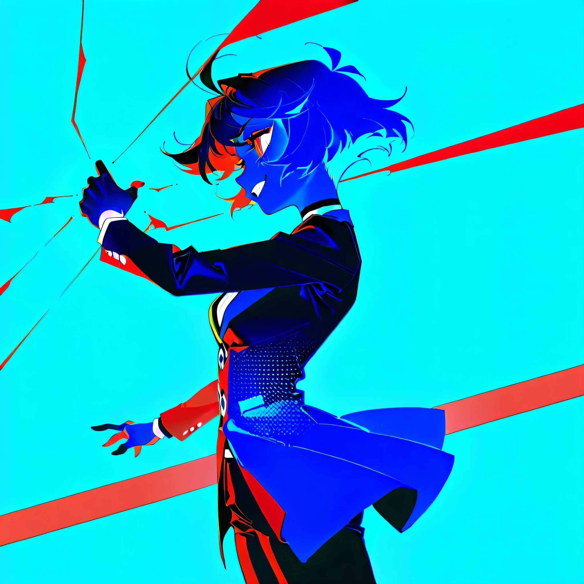 "An abstract composition in the Bauhaus style, with simple geometric shapes such as circles, squares, and triangles in primary colors (red, blue, yellow), neutral tones (black, white, gray), and a light background. Profile photo of a face, 1 girl, alone, Hazbin Hotel, red colors, miniature style, neon lights, striking pose, designer clothes, elaborate jewelry, mischievous smile, winking, long white hair with vibrant highlights, expressive eyes, punk rock aesthetic, dynamic composition, fun and confident aura, 4k, ultra-detailed, flawless. Minimalist and balanced design, straight lines and smooth curves, symmetrical layout and strong visual contrast. Elements inspired by European modernism of the 1920s, with clean typography and functionalist aesthetics."