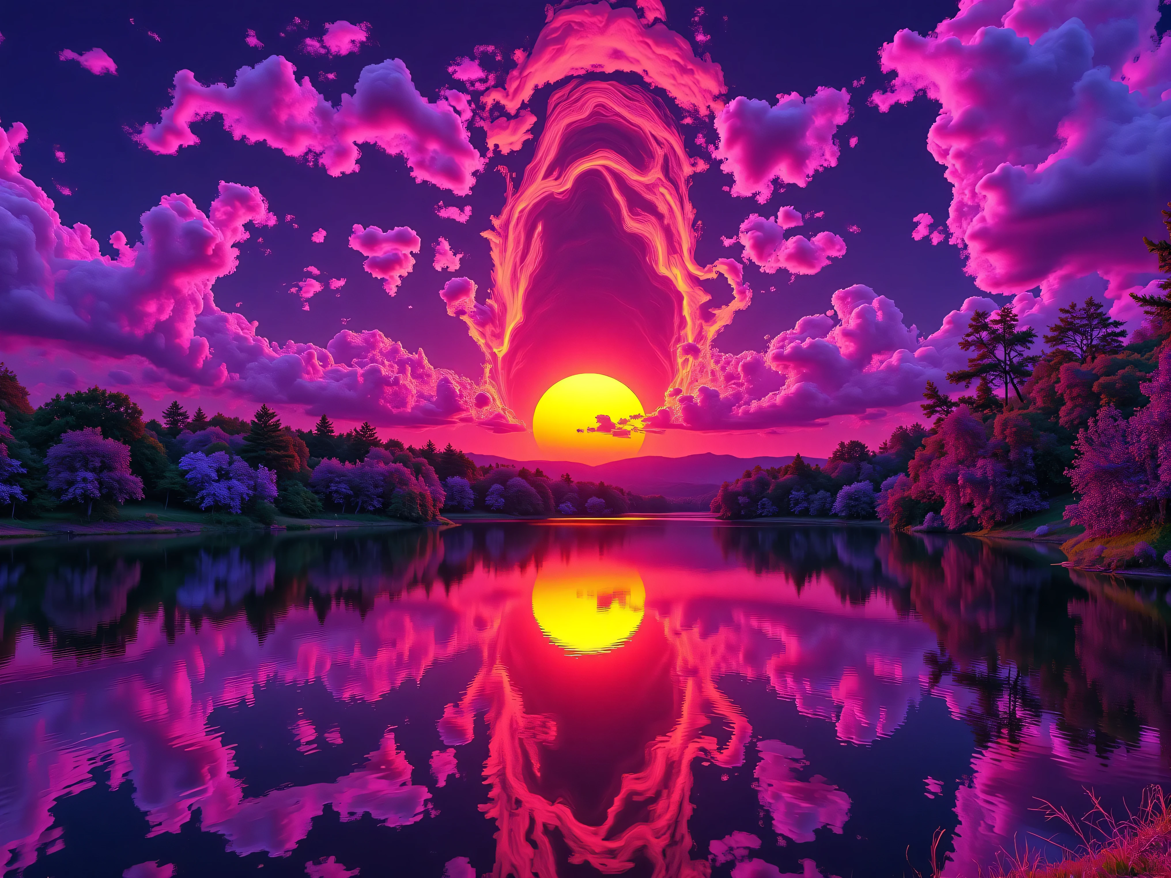 Ultra-realistic, photo-realistic, ultra-detailed, bright, vibrant colors, the most aesthetically incredible images of a sunset ever made. The fireball that is the sun appears overly large, orange, burnt orange, yellow, hanging low and overly bright in the sky, partially obscured by many cumulus clouds that have turned purple and purple-reddish as billowing filters for the bright sunlight. There is a lake below the sunset that reflects it perfectly like a mirror. Very colorful artwork. A combination of dark and bright colors contrasts beautifully together and then melts together nicely. Vibrant, dramatic lighting and shading within the image are enhanced by high-contrast lighting and coloration. Ultra-realistic, Photorealistic, 3D rendered realism, UHDR, highres, 8k Octane render, trending on artstation, stable diffusion and a dynamic fusion of landscape and a colorful atmospheric phenomenon. Visually striking composition and stunning masterpiece of out-of-this-world proportions. Experimental landscape art style in photorealism photography and lighting that highlights the textures of the lake and colorful clouds above. Optically stimulating and colorful clouds that bring the sunset to life. Otherworldly, surreal, whimsical, avant-garde, strange, and beautiful images.