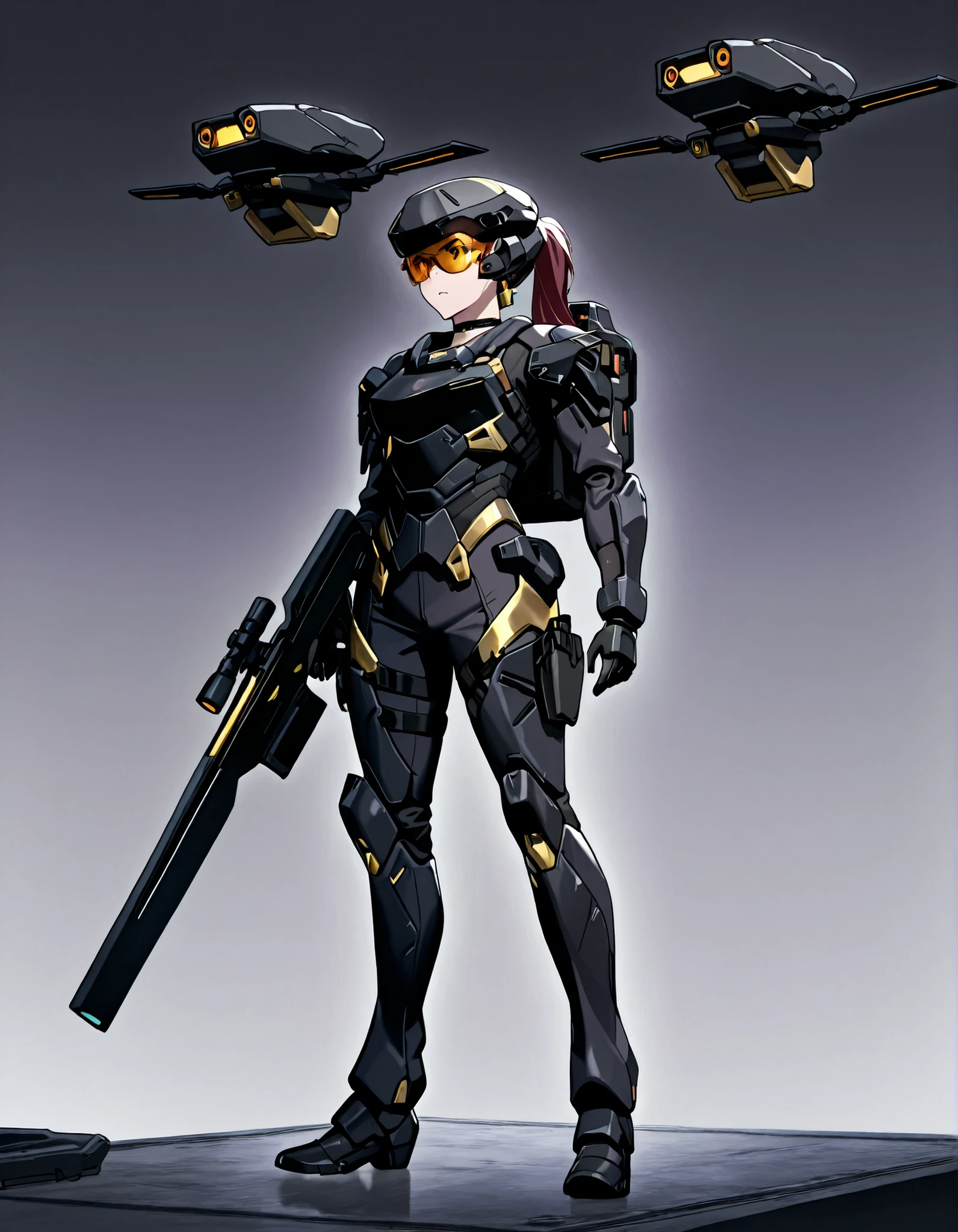score_9, score_8_up, score_7_up,anime_screenshot,OFFICIAL ART,anime coloring, official anime artwork, screencap, anime screencap,uncensored,Newest,BREAK,1girl,solo,nikkedollasuit,ponytail,commander style,BREAK,(Sniper Rifle),full face helmet,see-through sniper glasses,(black armor with gold line:1.5),non light refrection, black sci-fi bodysuit,black gloves,golden jewelries on collar,golden earrings, black holster on thigh,black choker,backpack,B-RRS,(Floating drones:1.1),BREAK,Nikkepose,standing,BREAK,full body,from front,sci-fi,battle field