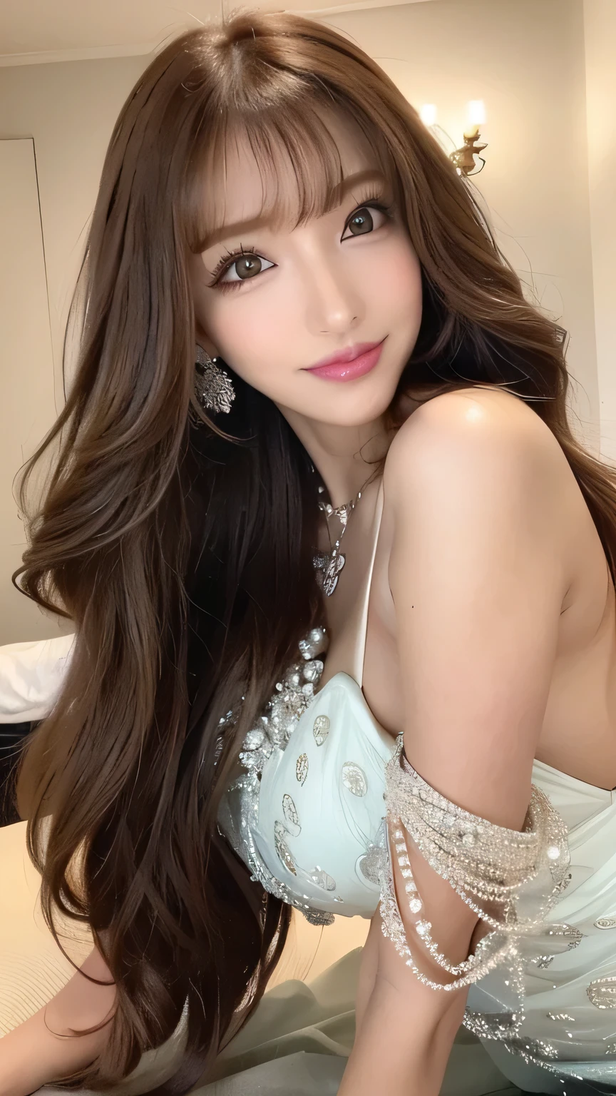 (Cowboy Shot、Best Quality、8k、Award-winning works、Ultra-high resolution)、Beautiful GAL 、(A dress showing off her perfect, cleavage:1.1)、Perfect big breasts、(blonde:1.1)、Bright color contacts、Perfect Makeup、Bright and shiny lipstick、(Very heavy gyaru makeup:1.2)、(Dark brown beige around the eyes:1.1)、Beautiful bright eyeshadow、Heavy makeup around the eyes、(Huge :1.2)、Very long wavy black hair、(Romantic affection:1.1)、The best smile when he sees me、(Most people emphasize their body lines..:1.1)、(Strongly blurred and vivid luxury hotel night pool background:1.1)、(Strongly blurred background:1.1)、Accurate anatomy、Ultra HD Hair、(Ultra-high resolutionの完璧な美しい歯:1.1)、Beautiful faces in ultra-high definition、Ultra HD Hair、See-through bangs、Ultra HD Shining Eyes、輝くUltra-high resolutionの美肌、Ultra-high resolutionの艶やかな唇、Harry Winston Necklace