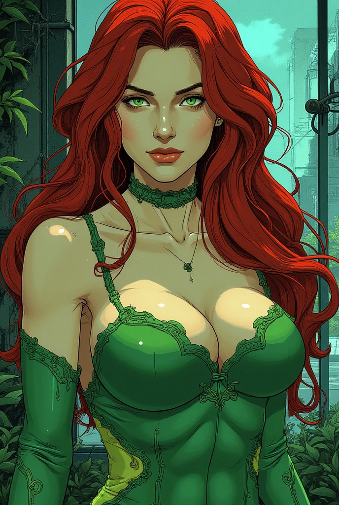 a woman with long crimson hair, wearing a long green dress with a leg slit, intricate corset, beautiful detailed eyes, beautiful detailed lips, extremely detailed face, longeyelashes, elegant pose, graceful movement, breathtaking, detailed and realistic, oil painting, dramatic lighting, warm color palette, cinematic composition, masterpiece, 8k, high quality