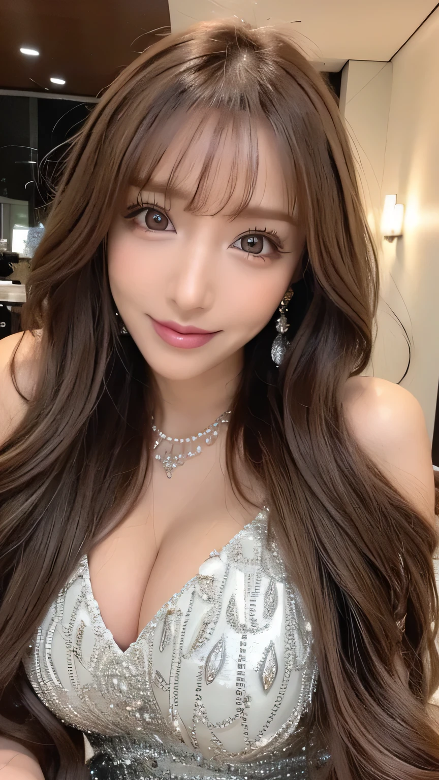 (Cowboy Shot、Best Quality、8k、Award-winning works、Ultra-high resolution)、Beautiful GAL 、(A dress showing off her perfect, cleavage:1.1)、Perfect big breasts、(blonde:1.1)、Bright color contacts、Perfect Makeup、Bright and shiny lipstick、(Very heavy gyaru makeup:1.2)、(Dark brown beige around the eyes:1.1)、Beautiful bright eyeshadow、Heavy makeup around the eyes、(Huge :1.2)、Very long wavy black hair、(Romantic affection:1.1)、The best smile when he sees me、(Most people emphasize their body lines..:1.1)、(Strongly blurred and vivid luxury hotel night pool background:1.1)、(Strongly blurred background:1.1)、Accurate anatomy、Ultra HD Hair、(Ultra-high resolutionの完璧な美しい歯:1.1)、Beautiful faces in ultra-high definition、Ultra HD Hair、See-through bangs、Ultra HD Shining Eyes、輝くUltra-high resolutionの美肌、Ultra-high resolutionの艶やかな唇、Harry Winston Necklace