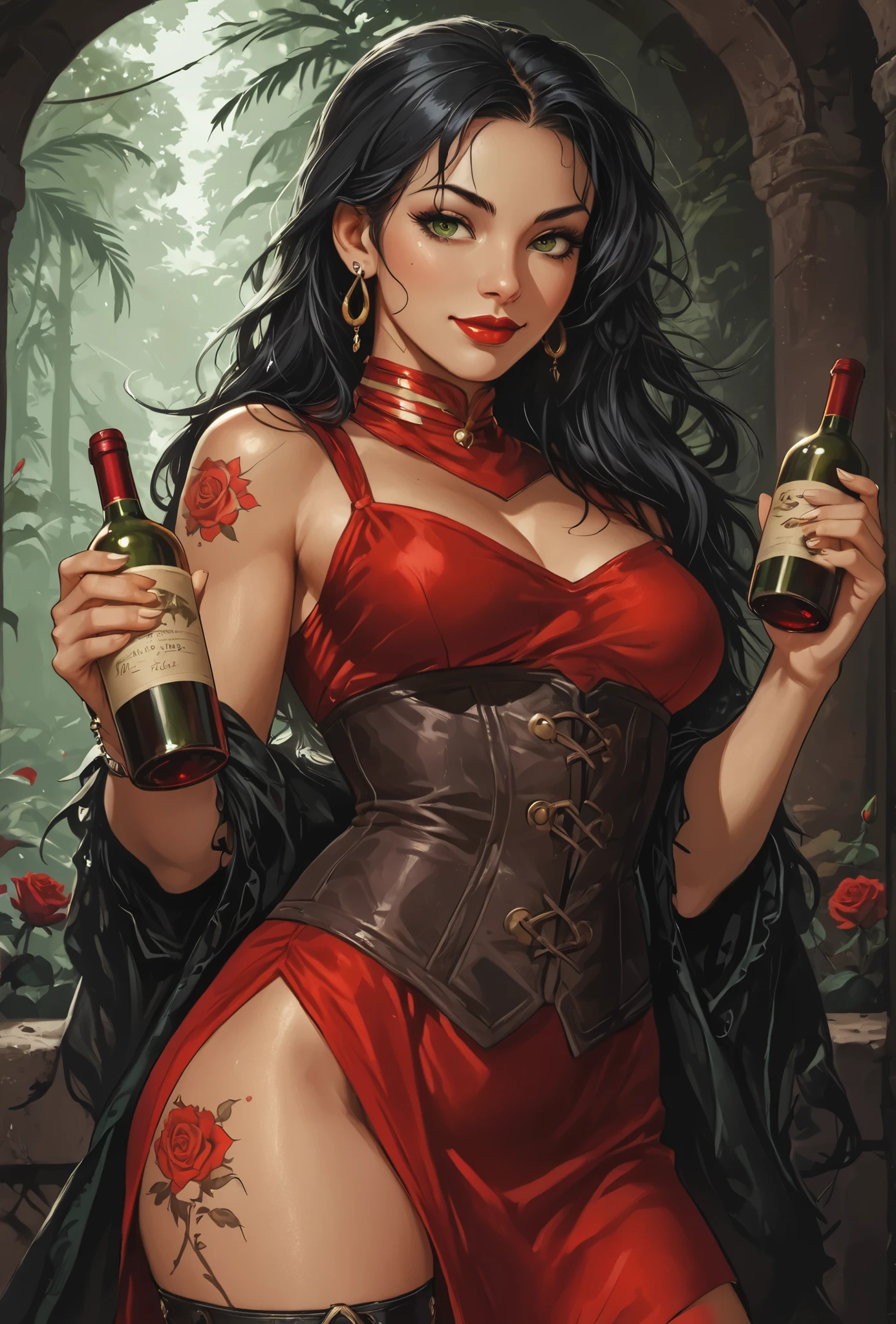 She looks like Poison from Street Fighter. She has a bright smile on her full red lips. She smiles impish-ly. She winks at the viewer. She has long black hair, toned skin and a red rose tattoo on her thigh. Well-endowed, green eyes, athletic body. Slender. She wears a red silk dress with a black leather corset. Looking at the viewer. She's holding a wine bottle in each hand. Background: Spanish medieval ruin, hdr colours,. Atmospheric lighting. Looking at the viewer. Background: jungle background, hdr colours, semi-realistic
