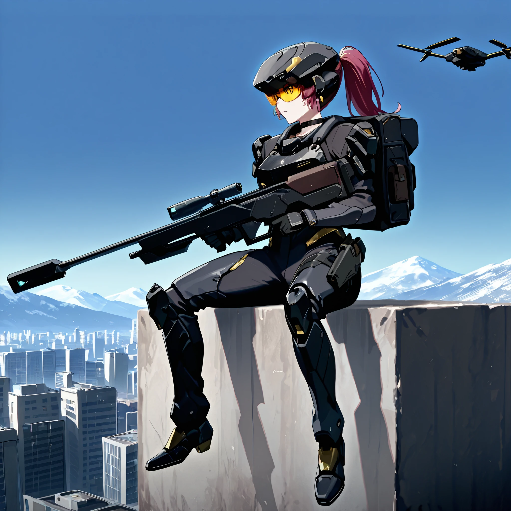 score_9, score_8_up, score_7_up,anime_screenshot,OFFICIAL ART,anime coloring, official anime artwork, screencap, anime screencap,uncensored,Newest,BREAK,1girl,solo,nikkedollasuit,ponytail,commander style,BREAK,(Sniper Rifle),full face helmet,see-through sniper glasses,(black armor with gold line:1.5),non light refrection, black sci-fi bodysuit,black gloves,golden jewelries on collar,golden earrings, black holster on thigh,black choker,backpack,B-RRS,(Floating drones:1.1),BREAK,sitting,shooting pose,BREAK,full body,from front,sci-fi,outdoor,battle field,city