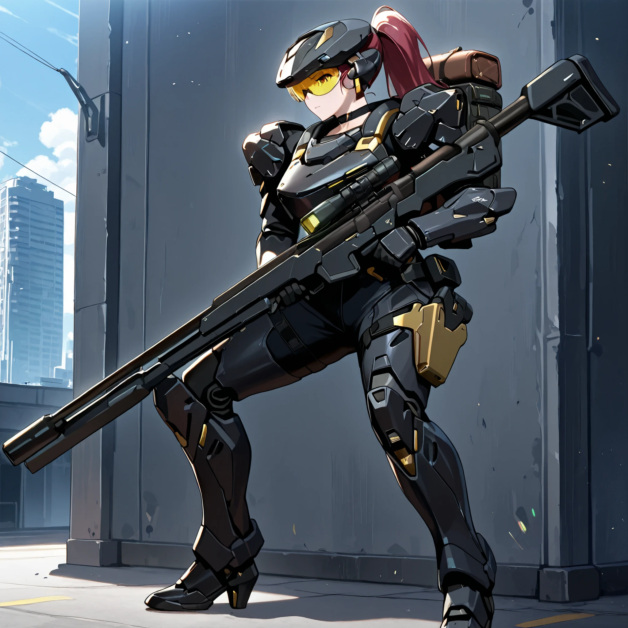 score_9, score_8_up, score_7_up,anime_screenshot,OFFICIAL ART,anime coloring, official anime artwork, screencap, anime screencap,uncensored,Newest,BREAK,1girl,solo,nikkedollasuit,ponytail,commander style,BREAK,(Sniper Rifle),full face helmet,see-through sniper glasses,(black armor with gold line:1.5),non light refrection, black sci-fi bodysuit,black gloves,golden jewelries on collar,golden earrings, black holster on thigh,black choker,backpack,B-RRS,(Floating drones:1.1),BREAK,take a knee,shooting pose,BREAK,full body,from front,sci-fi,outdoor,battle field,city