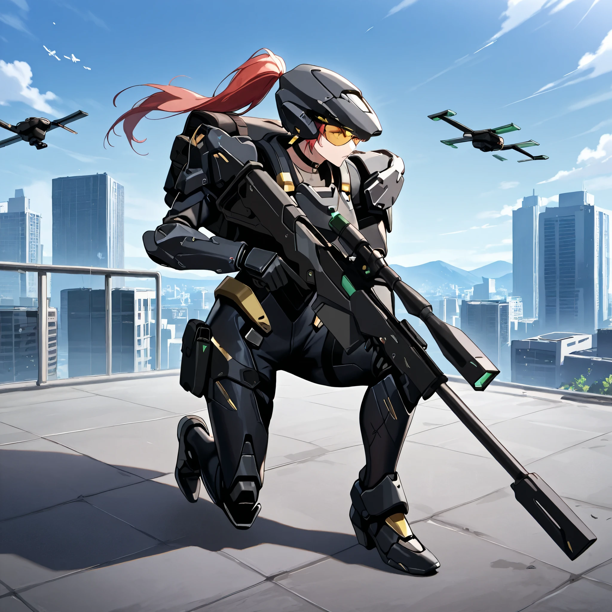 score_9, score_8_up, score_7_up,anime_screenshot,OFFICIAL ART,anime coloring, official anime artwork, screencap, anime screencap,uncensored,Newest,BREAK,1girl,solo,nikkedollasuit,ponytail,commander style,BREAK,(Sniper Rifle),full face helmet,see-through sniper glasses,(black armor with gold line:1.5),non light refrection, black sci-fi bodysuit,black gloves,golden jewelries on collar,golden earrings, black holster on thigh,black choker,backpack,B-RRS,(Floating drones:1.1),BREAK,take a knee,shooting pose,BREAK,full body,from front,sci-fi,outdoor,battle field,city