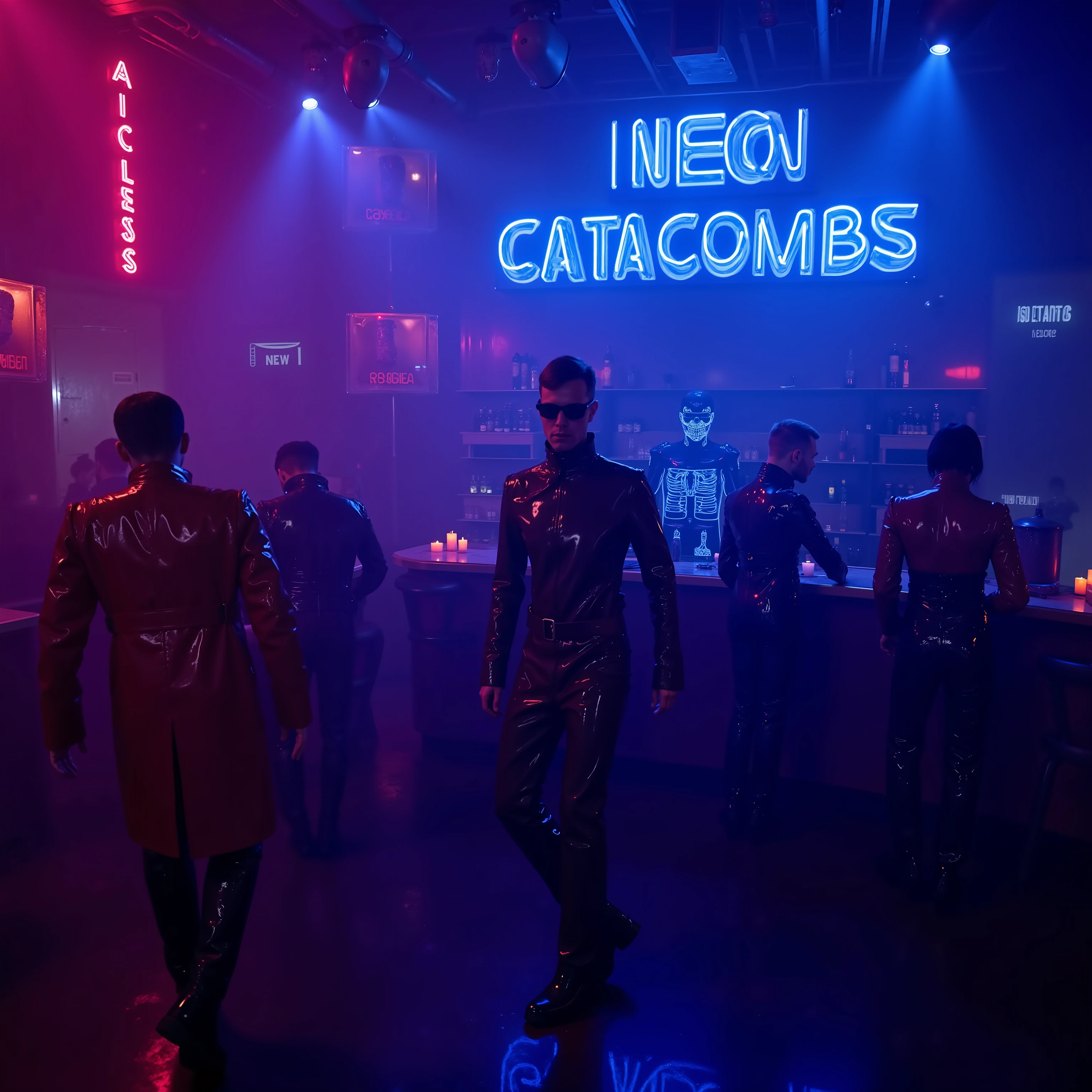 GothTrench,A dark futuristic nightclub in a cyberpunk district, gothic patrons wearing slick black and crimson vinyl attire dancing under pulsating neon lights, holographic bartender serving glowing cocktails, smoke machines creating atmospheric haze, 'NEON CATACOMBS' sign blazing in electric blue