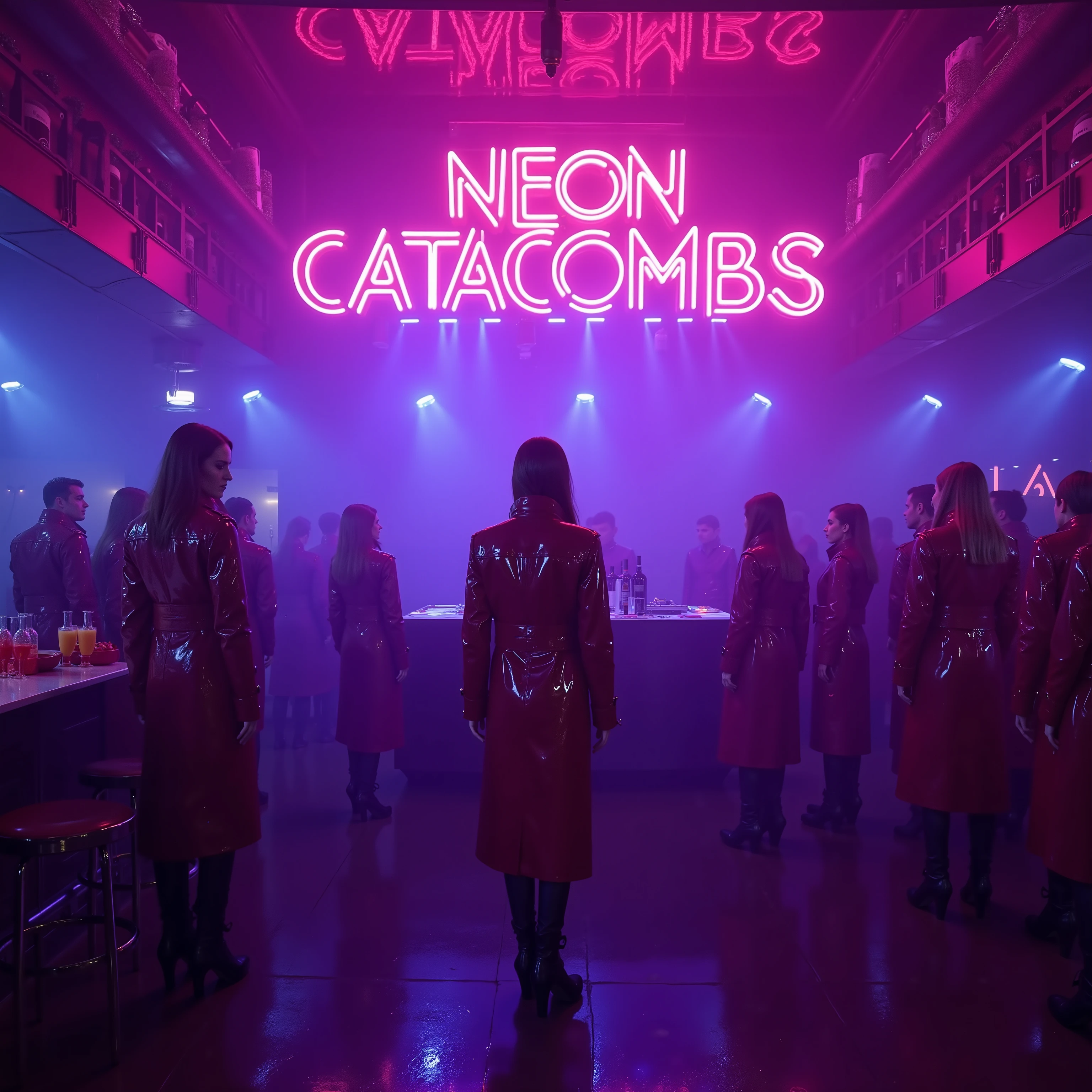GothTrench,A dark futuristic nightclub in a cyberpunk district, gothic patrons wearing slick black and crimson vinyl attire dancing under pulsating neon lights, holographic bartender serving glowing cocktails, smoke machines creating atmospheric haze, 'NEON CATACOMBS' sign blazing in electric blue