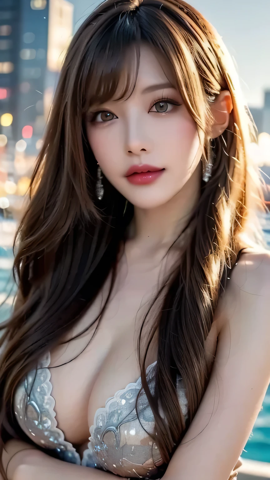 (Cowboy Shot、Best Quality、8k、Award-winning works、Ultra-high resolution)、Beautiful GAL 、(A dress showing off her perfect, cleavage:1.1)、Perfect big breasts、(blonde:1.1)、Bright color contacts、Perfect Makeup、Bright and shiny lipstick、(Very heavy gyaru makeup:1.2)、(Dark brown beige around the eyes:1.1)、Beautiful bright eyeshadow、Heavy makeup around the eyes、(Huge :1.2)、Very long wavy black hair、(Romantic affection:1.1)、The best smile when he sees me、(Most people emphasize their body lines..:1.1)、(Strongly blurred and vivid luxury hotel night pool background:1.1)、(Strongly blurred background:1.1)、Accurate anatomy、Ultra HD Hair、(Ultra-high resolutionの完璧な美しい歯:1.1)、Beautiful faces in ultra-high definition、Ultra HD Hair、See-through bangs、Ultra HD Shining Eyes、輝くUltra-high resolutionの美肌、Ultra-high resolutionの艶やかな唇、Harry Winston Necklace