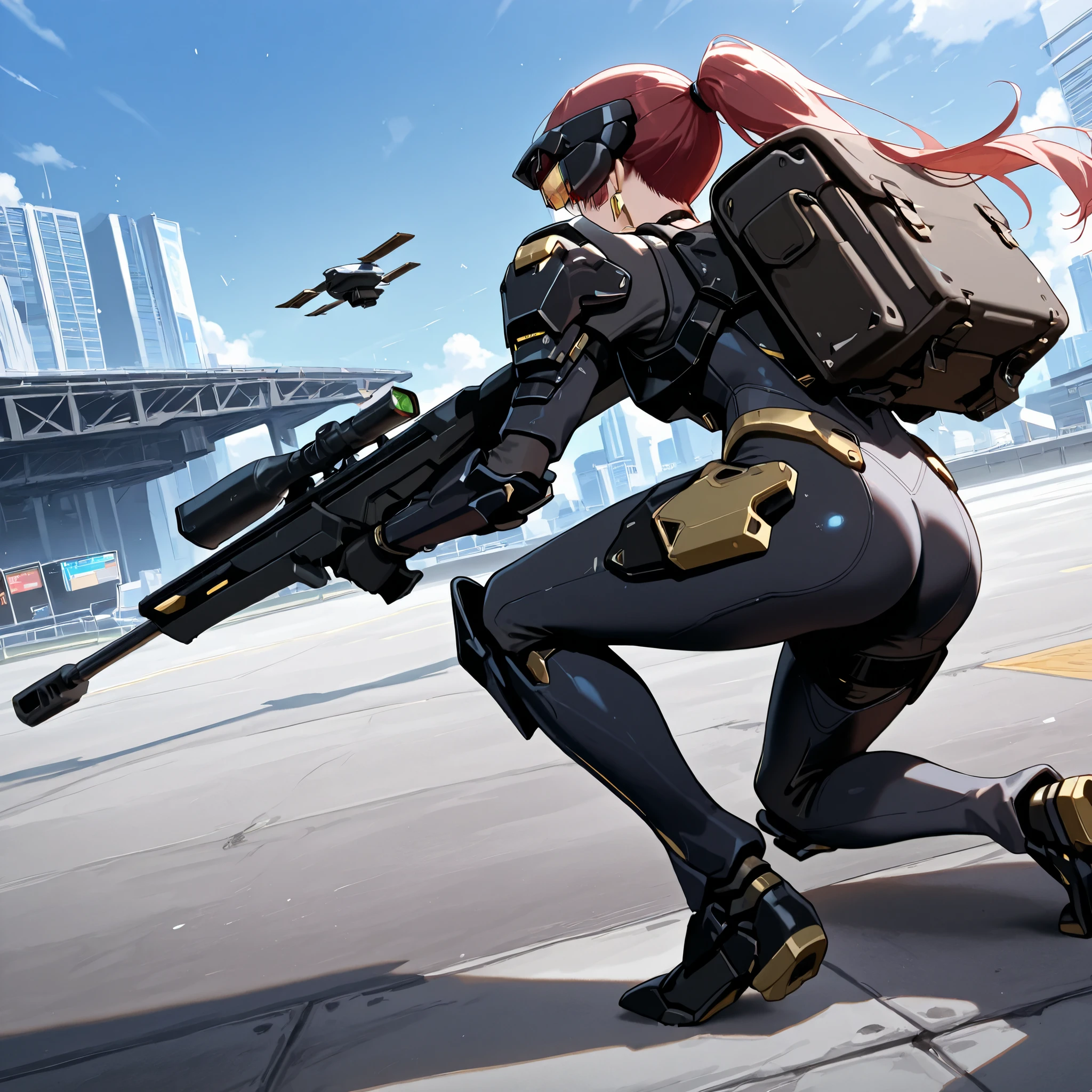 score_9, score_8_up, score_7_up,anime_screenshot,OFFICIAL ART,anime coloring, official anime artwork, screencap, anime screencap,uncensored,Newest,BREAK,1girl,solo,nikkedollasuit,ponytail,commander style,BREAK,(Sniper Rifle),full face helmet,see-through sniper glasses,(black armor with gold line:1.5),non light refrection, black sci-fi bodysuit,black gloves,golden jewelries on collar,golden earrings, black holster on thigh,black choker,backpack,B-RRS,(Floating drones:1.1),BREAK,(take a knee:1.5),shooting pose,BREAK,full body,from behind,sci-fi,outdoor,battle field,city
