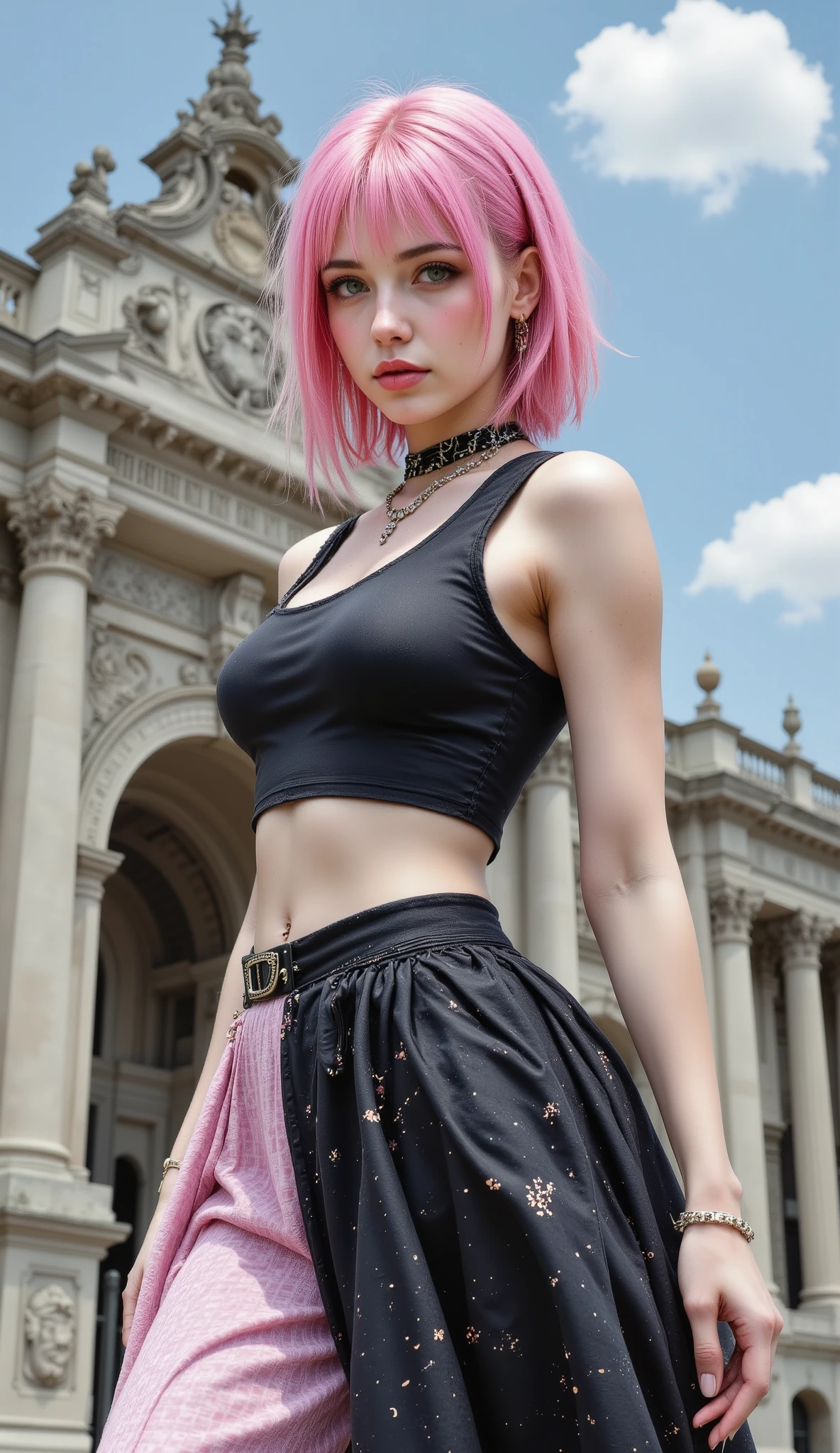 masterpiece, best quality, 1girl, solo, jjtsh, pink hair, short hair, green eyes, lips, pink lipstick, multicolored choker, black crop top, single strap, long skirt, side slit, black skirt, pink skirt, checkered skirt, upper body, looking at viewer, parted lips, blue sky, european architecture, upper body