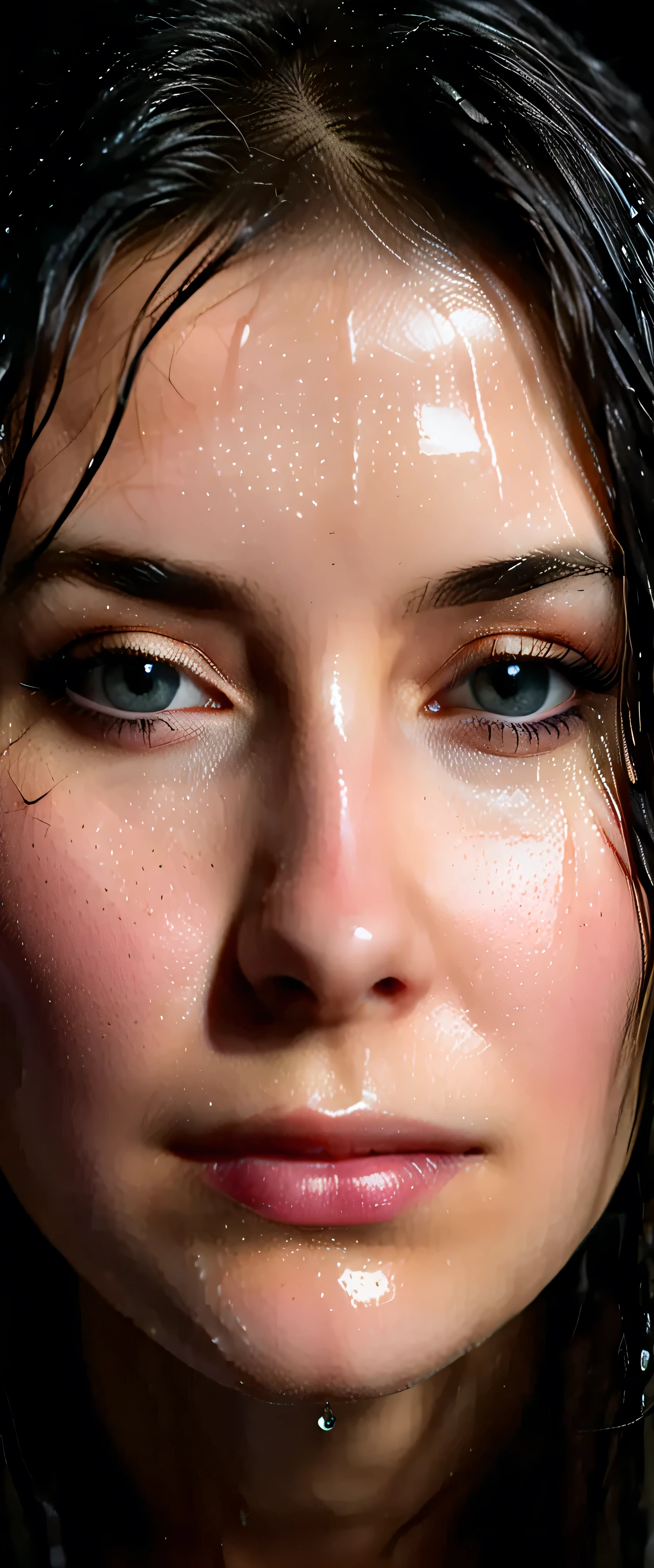EpiC35mm, The image shifts to a top-down perspective, showcasing a close-up of the girl's face. The dark background accentuates the overall somber and gloomy atmosphere. The girl's disheveled, wet hair clung to her face, highlighting facial details and meticulously crafted highlights. The image reveals the girl's translucent skin, like a peeled egg, her face appearing freshly washed, rosy and glistening with water droplets. The image boasts high-definition, clear, and flawless image quality.