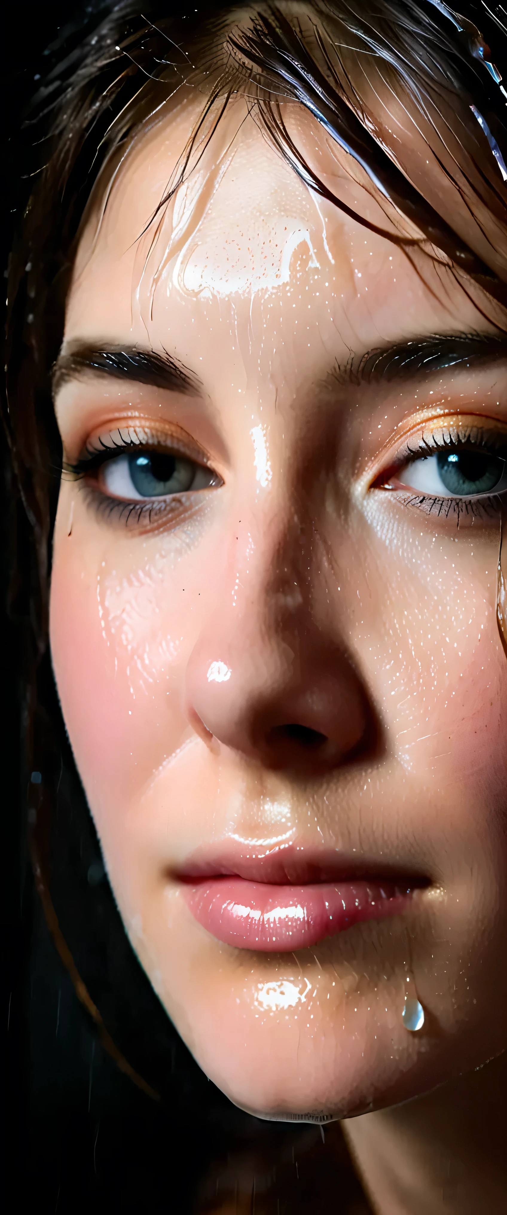 EpiC35mm, The image shifts to a top-down perspective, showcasing a close-up of the girl's face. The dark background accentuates the overall somber and gloomy atmosphere. The girl's disheveled, wet hair clung to her face, highlighting facial details and meticulously crafted highlights. The image reveals the girl's translucent skin, like a peeled egg, her face appearing freshly washed, rosy and glistening with water droplets. The image boasts high-definition, clear, and flawless image quality.