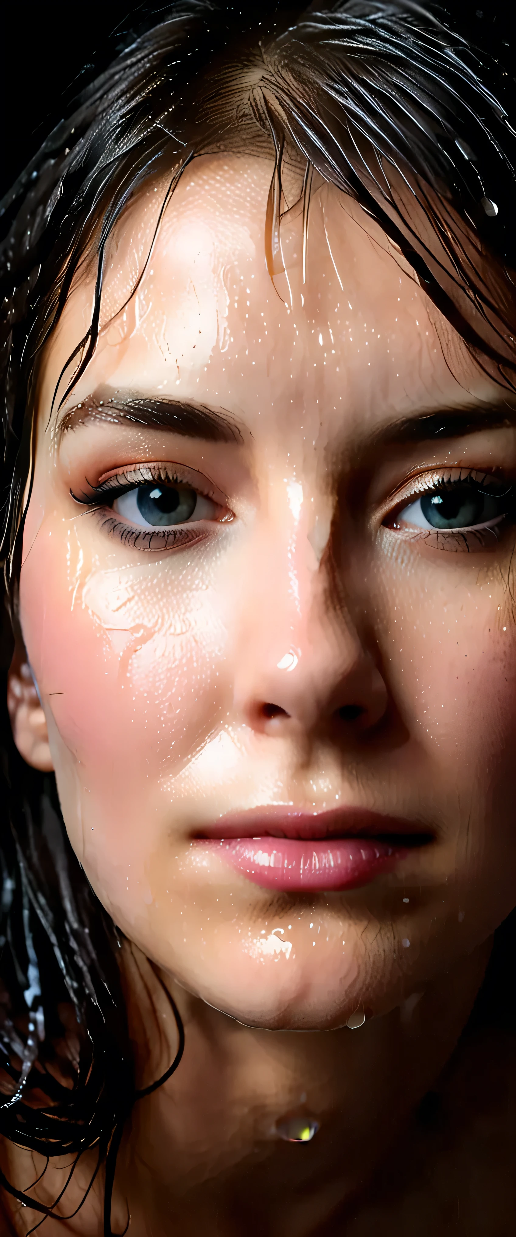 EpiC35mm, The image shifts to a top-down perspective, showcasing a close-up of the girl's face. The dark background accentuates the overall somber and gloomy atmosphere. The girl's disheveled, wet hair clung to her face, highlighting facial details and meticulously crafted highlights. The image reveals the girl's translucent skin, like a peeled egg, her face appearing freshly washed, rosy and glistening with water droplets. The image boasts high-definition, clear, and flawless image quality.