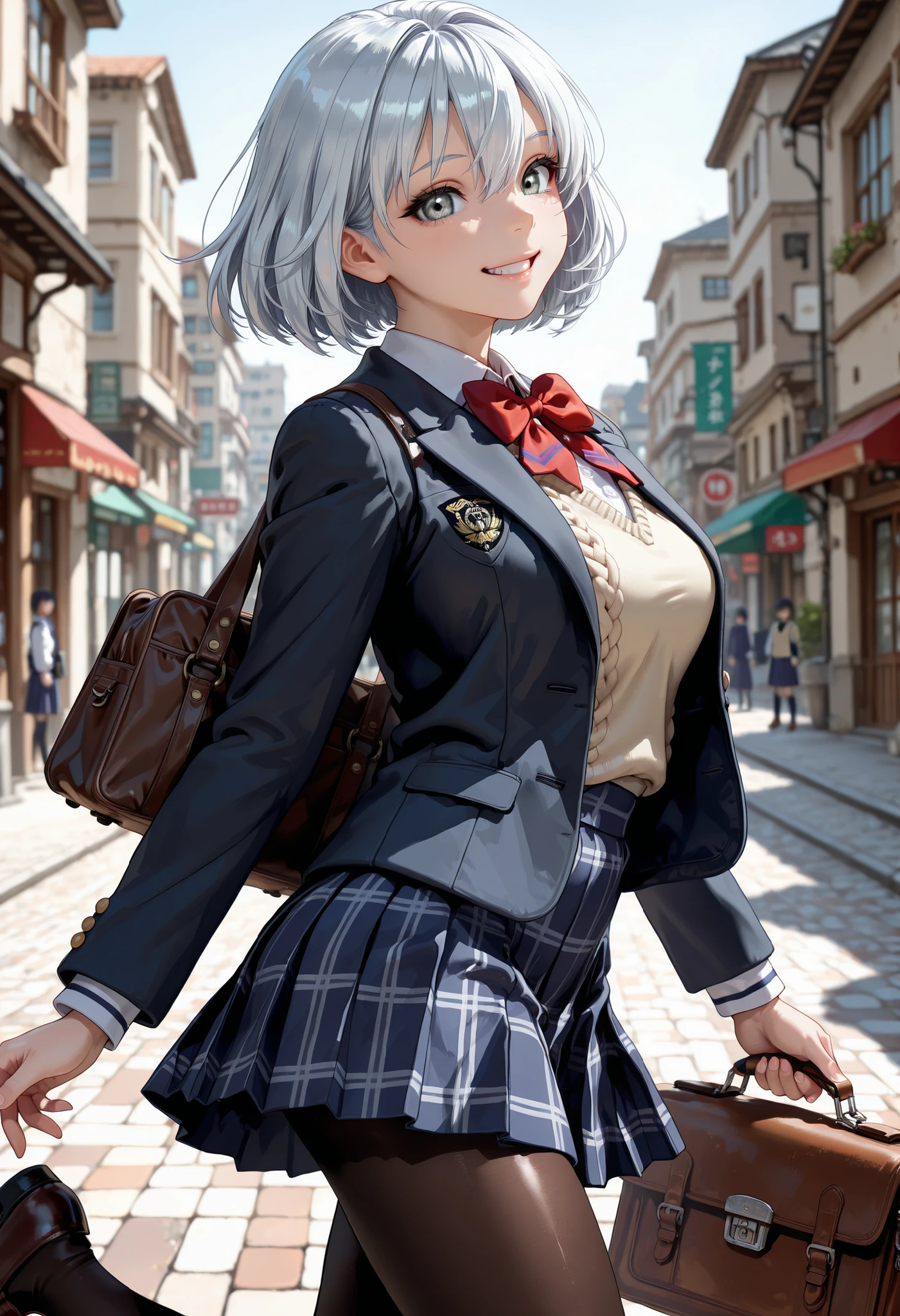 (from side:1.3), cowboy shot, masterpiece, best quality, amazing quality, very aesthetic, high resolution, ultra-detailed, absurdres, newest, scenery, BREAK, depth of field, volumetric lighting, (masterpiece, best quality, absurdres, detailed,perfect quality, amazing quality, very aesthetic, absurdres, newest, ultra-detailed:1.2), extremely detailed, modern, very awa, crisp, sharp, beautiful eyes, fine textures, clean skin, 1girl, 18yo, BREAK ((silver hair:1.5),bob cut, bang between eyes), ((glossy silver eyes:1.5)), (cute eyes, tareme, twinkle eyes), (large breasts), cute face, beautiful face, pretty face, beautiful, good anatomy, long eyelashes, expressive eyes, Perfect Hands, happy, one eye close, smile, glossy lips, perfecteyes, BREAK 1girl, (wearing a black coat over a blazer and knit vest style school uniform:1.5), two-piece layered tops, (wear a navy blazer jacket) over a (white collared-shirt:0.5), Layering, separating a long sleeved navy blazer jacket and white collared-shirt, (outerwear is navy blazer jacket), navy long sleeves, innerwear is white collar exposed from V-neckline, outer jacket is navy, (white collared-shirt:0.5) with big red ribbon bow on neck, only exposed dark-navy plaid skirt-hem, navy pleated mini skirt, ((dark-brown pantyhose, loafers):1.2), brown loafers, BREAK 1girl, (holding one black school bag), BREAK 1girl, morning, sunny, street, daylight, a cute anime girl, (jump:1.3), (dynamic pose:1.3), BREAK soft lighting, (masterpiece, best quality), (cute, 8K, perfect lighting, perfect anatomy), absurdres, (best quality), (ultra-detailed:1.2), high res, very aesthetic, ultra-detailed, cinematic, masterpiece, best quality, sharp outline, detailed eyes, high gradient eyes, high definition eyes