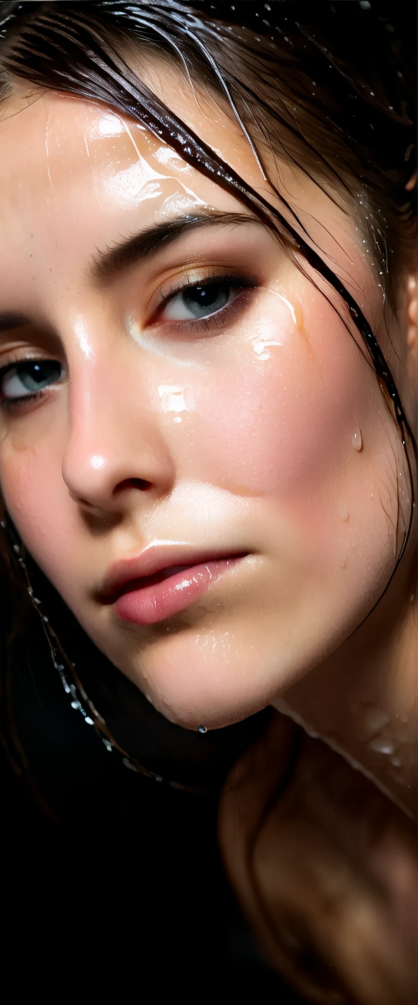 EpiC35mm, The image shifts to a top-down perspective, showcasing a close-up of the girl's body. The dark background accentuates the overall somber and gloomy atmosphere. The girl's disheveled, wet hair clung to her face, highlighting facial details and meticulously crafted highlights. The image reveals the girl's translucent skin, like a peeled egg, her face appearing freshly washed, rosy and glistening with water droplets. The image boasts high-definition, clear, and flawless image quality.