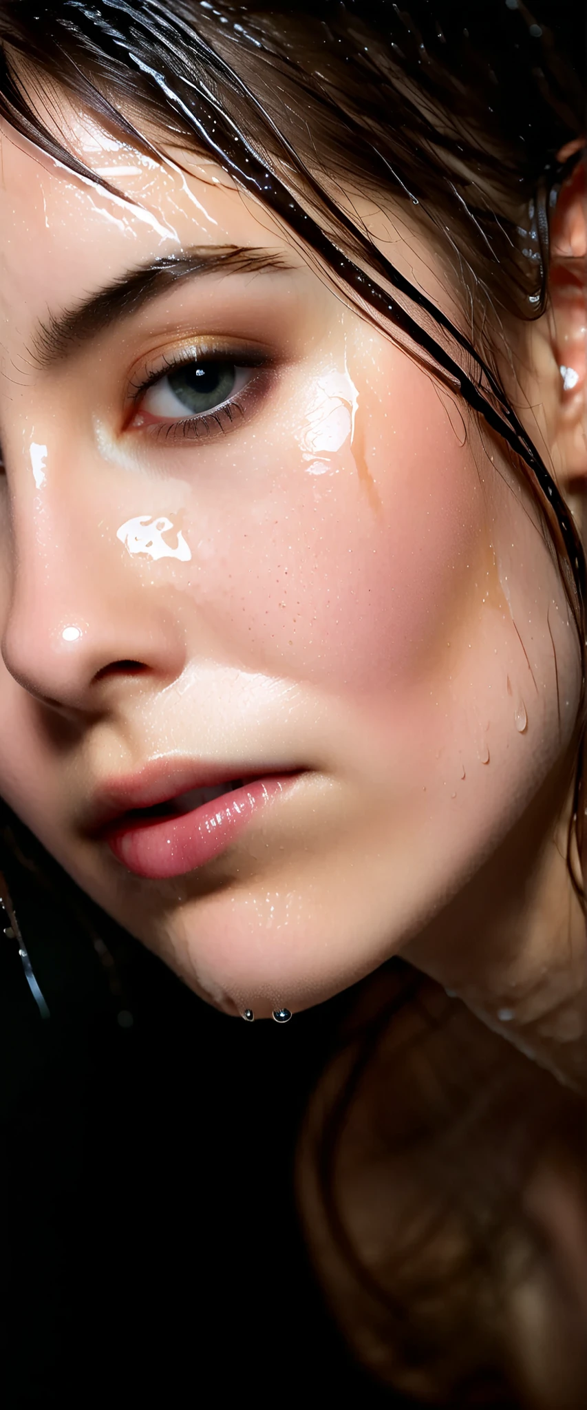 EpiC35mm, The image shifts to a top-down perspective, showcasing a close-up of the girl's body. The dark background accentuates the overall somber and gloomy atmosphere. The girl's disheveled, wet hair clung to her face, highlighting facial details and meticulously crafted highlights. The image reveals the girl's translucent skin, like a peeled egg, her face appearing freshly washed, rosy and glistening with water droplets. The image boasts high-definition, clear, and flawless image quality.