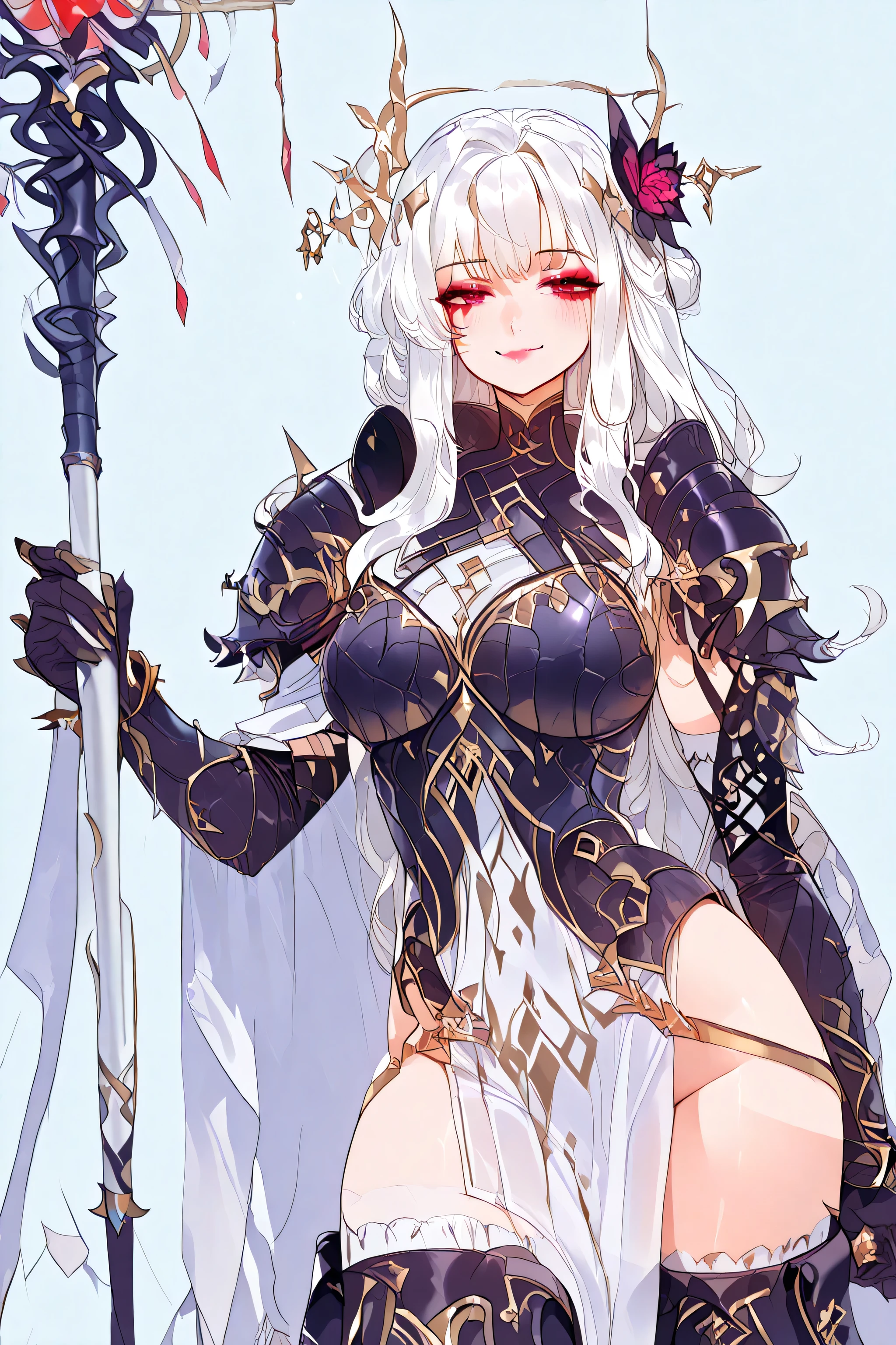 holding staff , thighhighs, elbow gloves, pelvic curtain, thigh boots,armor, pauldrons, thighhighs, elbow gloves, pelvic curtain, thigh boots, 1girl, sallywhitemane, white hair, long hair, red eyes, makeup, cheeky smile, simple background, hair ornament,
