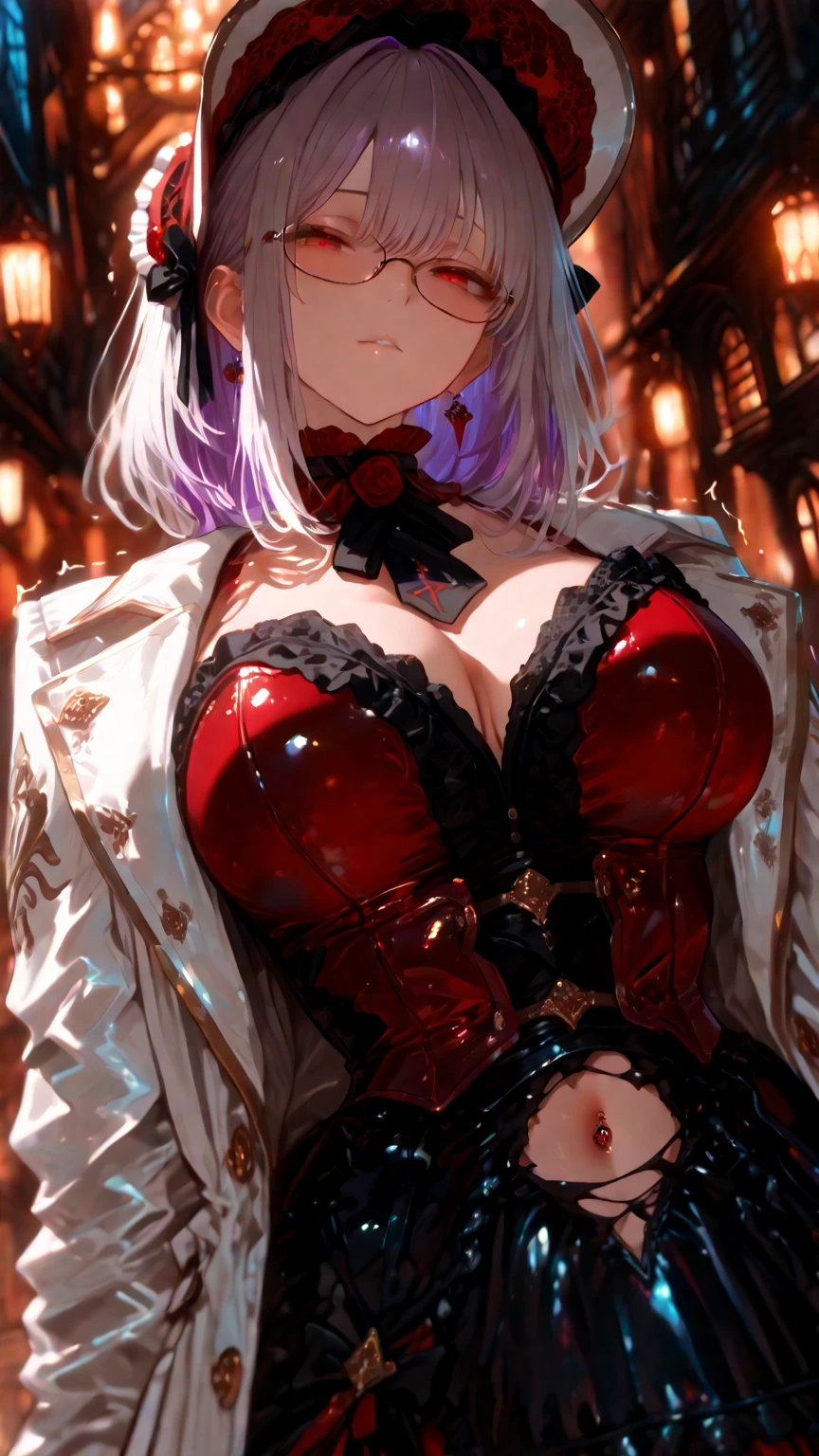 masterpiece, best quality, high-resolution, finely detailed, extremely detailed and beautiful, distinct_image, 1 girl, solo, beautiful young teenage girl, 13 years old, tanned white skin, long waist length hair(pink-red hair)(white highlights), soft facial features, heterochromatic eyes(left eye: silver)(right eye: red), elegant battle-styled sundress, cherry red plump lips, large E-cup ???????, short height(150cm). wide ???? and plump large round ???, silver round-frame glasses, athletic and toned body