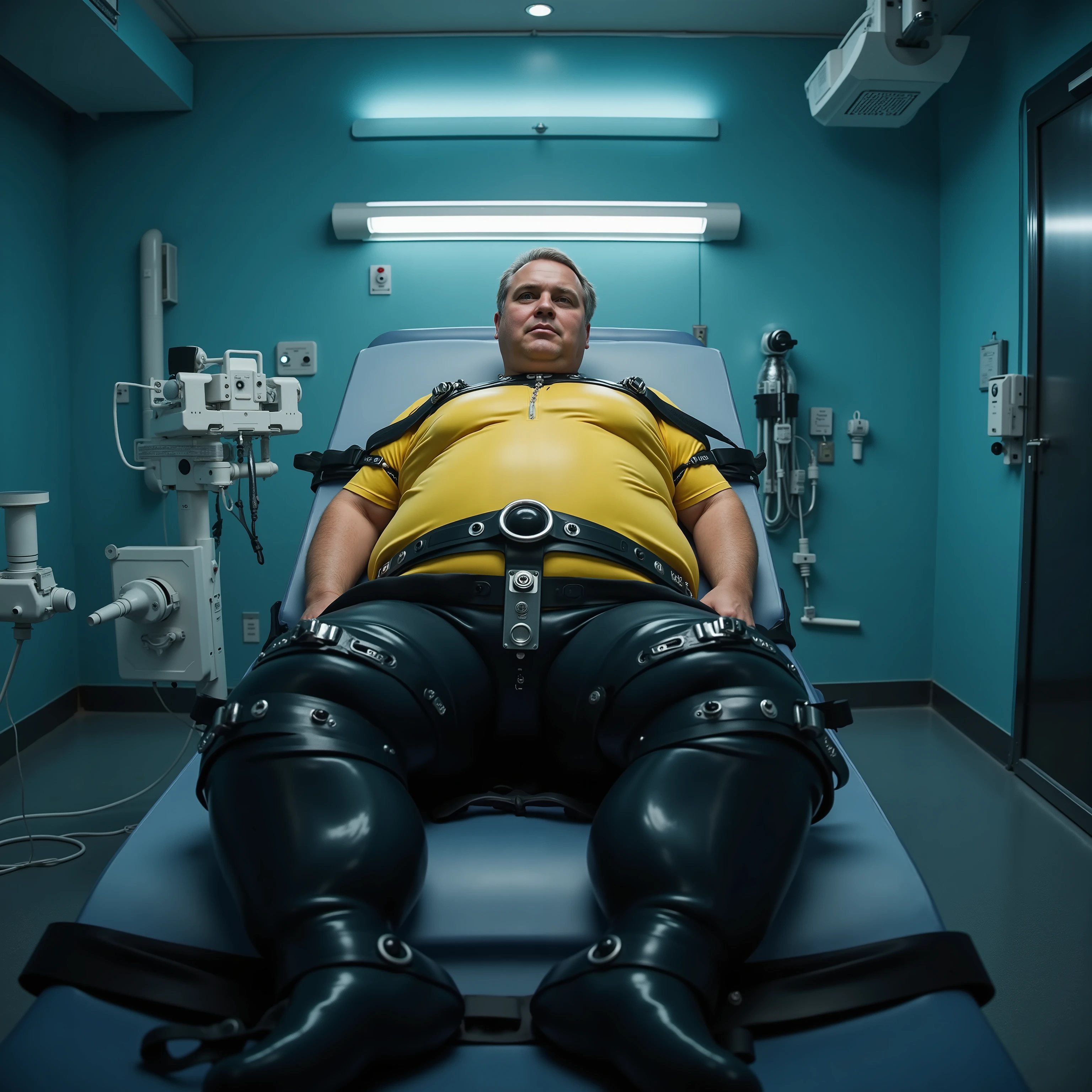 seguflux, A morbidly obese elderly man wearing a yellow rubber shirt and black rubber pants strapped to a medical examination table in a sterile laboratory, his body restrained by thick black shiny polished locking rubber straps across and abdomen, gleaming surgical instruments hovering nearby under cold blue lighting, dystopian sci-fi atmosphere with clinical horror elements