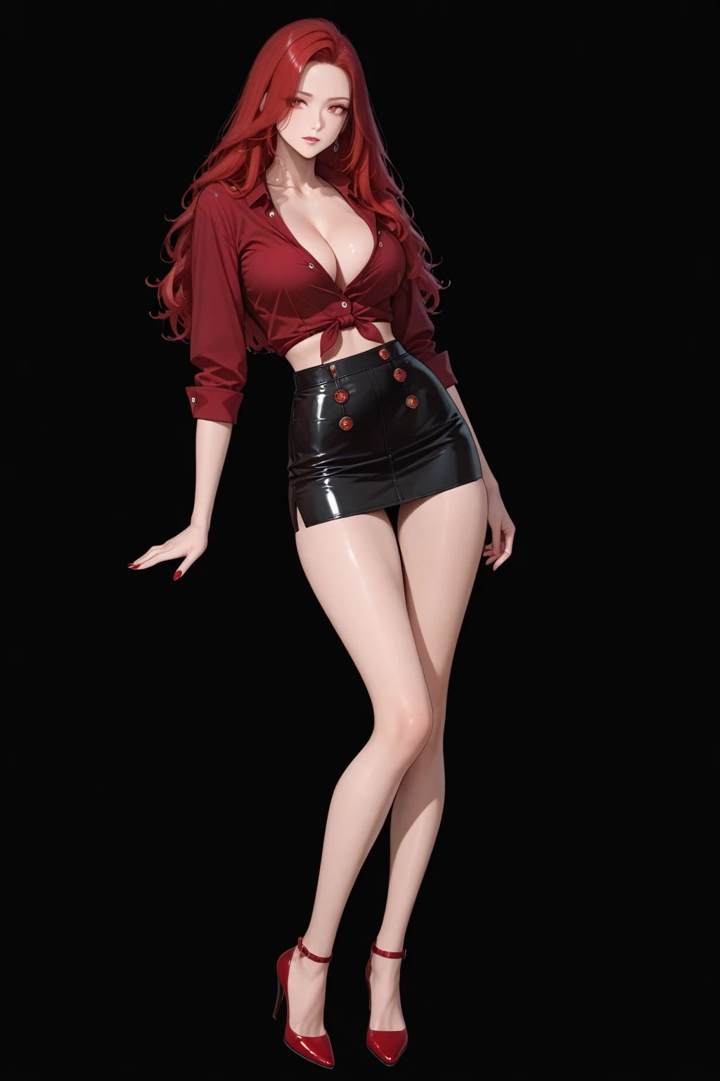 masterpiece, best quality, high resolution, very aesthetic, absurdres, newest, professional, high-quality, hyper-realistic, portrait of a woman, looking at viewer, detailed eyes, realistic body,
1girl, adult woman, milf, cheekbones, very long brown hair, straight hair, ginger hair tips, hair fall into face, parted lips, lush lips, red lips, green eyes, freckles, body freckles, small breasts, saggy breasts,, 
dynamic pose, aesthetic, solo, detailed, sensual look, pinup pose, squatting, leaning forward, hands between legs, spreading legs, red dress, off the shoulder, carmen cleavage, ruffled sleeves, short ruffled sleeves,ruffled skirt, side slit, ruffled choker, thigh highs, ruffled garter, platform shoes,
dark background, moody lighting,
dynamic angle, Dutch View, side view, over the shoulder view, close up, eye view, (portrait),