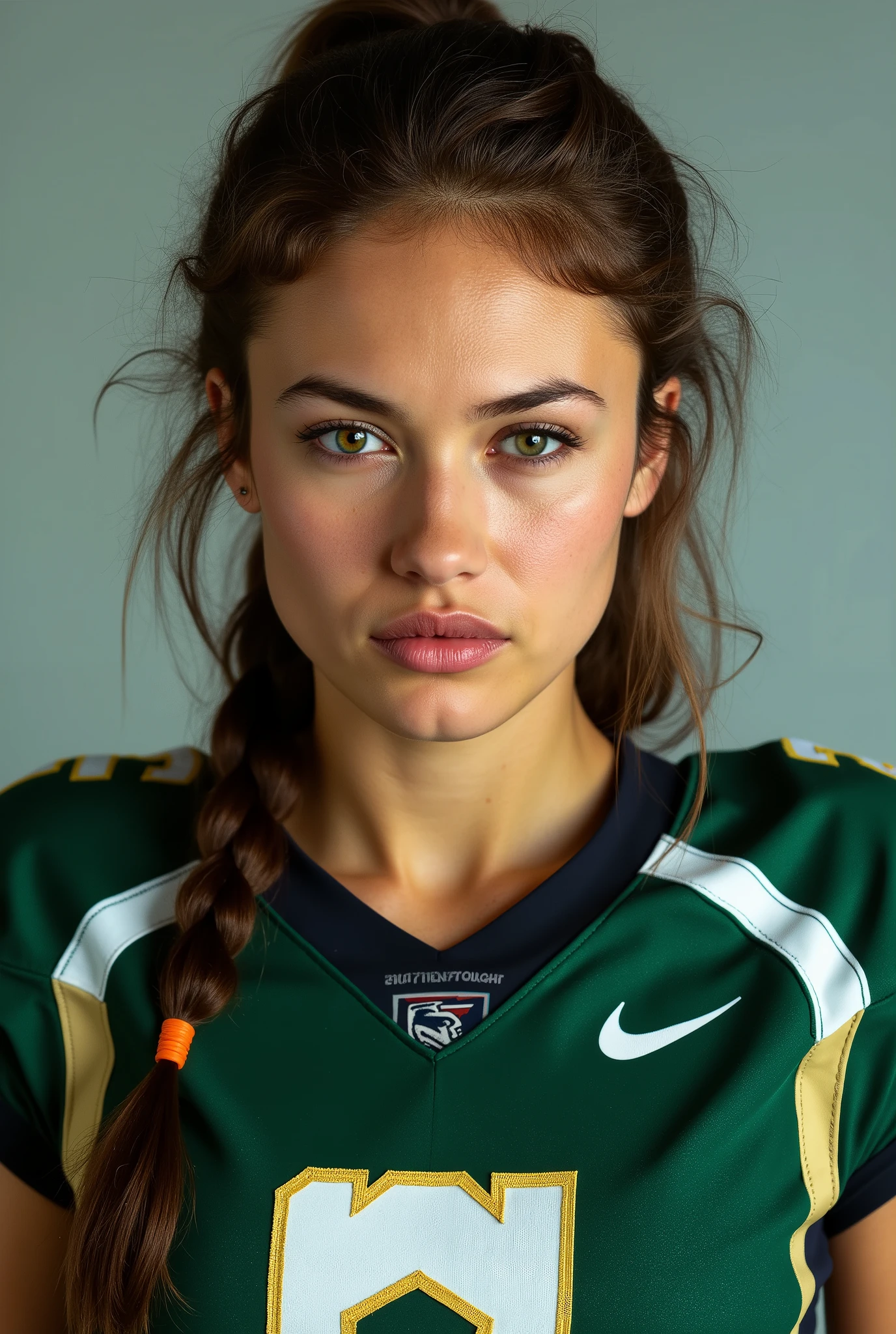 Woman wearing green and black American football uniform focusing on her face 