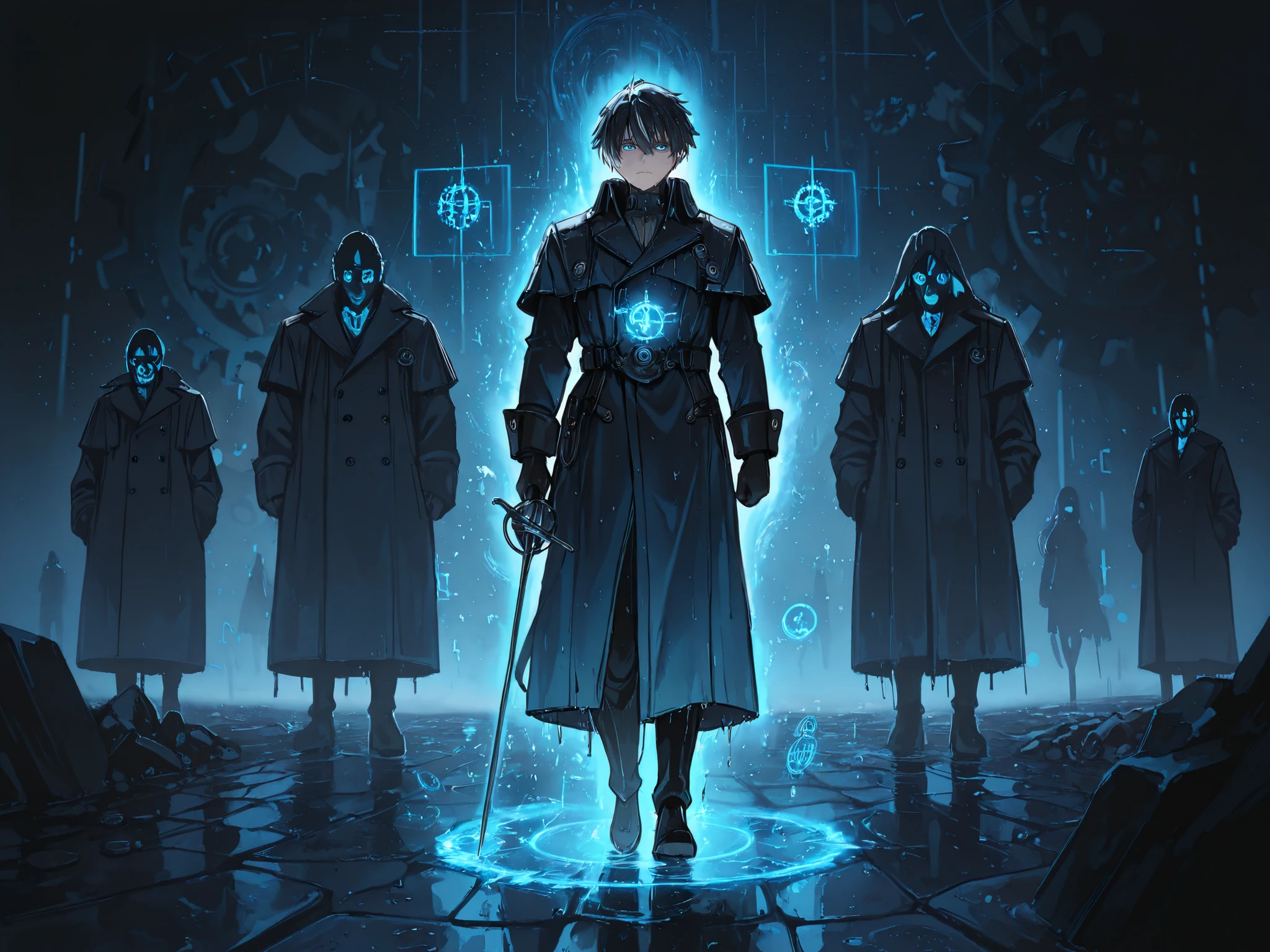 (Masterpiece, best quality, detailed anime illustration), cinematic, 8K, atmospheric. Giulio Lombardi, the Algorithmic Duelist. Man in late 30s, sharp face, cold blue eyes with glowing digital grid in pupils. Silver-streaked black hair. Tall, slender build in muted dark blue 17th-century coat. Holds plain rapier leaving faint blue trajectory lines. Off-hand holds open pocket watch projecting holographic numbers/gears. Misty twilight piazza, wet cobblestones. Ghostly numbers and geometric shapes float in air. Dramatic moonlight casting sharp shadows. Color palette: cool blues, greys with glowing blue accents. Vibe: calm, intense, intellectually overwhelming.
--ar 2:3 --niji 6