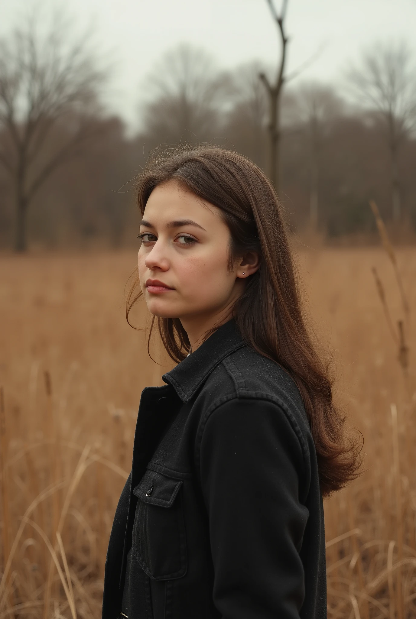 Mulher Jovem, The background consists of dry, brown grass and some indistinct, leafless trees, suggesting a late fall or early winter scenario. The photograph has natural gold tones , documentary style, emphasizing the realism and outdoor scenery. 