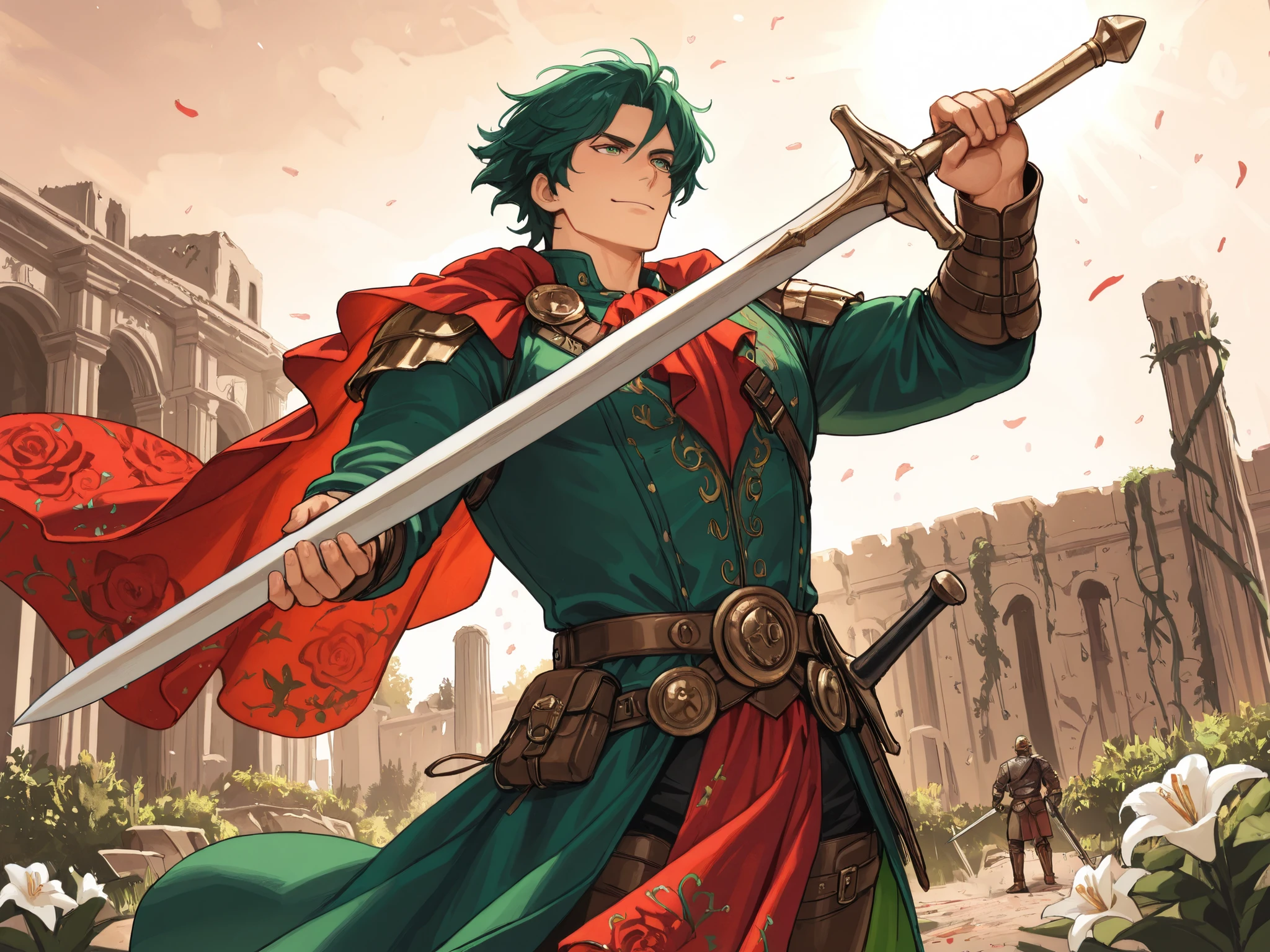 (Masterpiece, best quality, detailed anime illustration), cinematic, dynamic pose, Renaissance Italy setting. Fiore dei Liberi, the Flower of Battle. A robust, muscular man in his 50s with a fierce but joyful expression. He holds a massive longsword effortlessly in one hand, a dagger in the other. He wears practical leather armor over rich, red and green clothing adorned with embroidered floral patterns (roses, lilies). Petals and thorny vines swirl around him in the wind. The background is a sun-drenched training ground with antique stone ruins. The vibe is a mix of brutal warrior and elegant poet. Dynamic action shot.

--ar 2:3 --niji 6