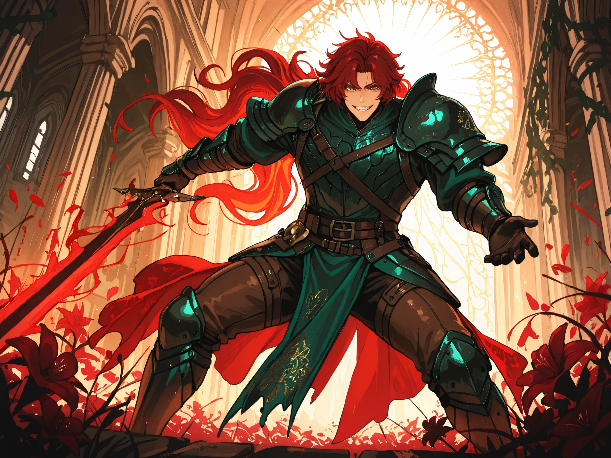 (Masterpiece, best quality, detailed anime illustration), cinematic, dynamic action, Renaissance Italy aesthetic. Fiore dei Liberi, the Flower of Battle. A robust, energetic man in his 50s with a confident grin and fierce eyes. Muscular build. He dynamically wields a longsword in one hand and a dagger in the other. His attire is a mix of functional leather armor and rich, dark red/green fabric with intricate embroidered floral patterns (roses, lilies). Translucent, glowing petals and sharp, thorny vines swirl around his blades. The background is a sun-drenched medieval courtyard. The vibe is joyful brutality and artistic warfare.

--ar 2:3 --niji 6