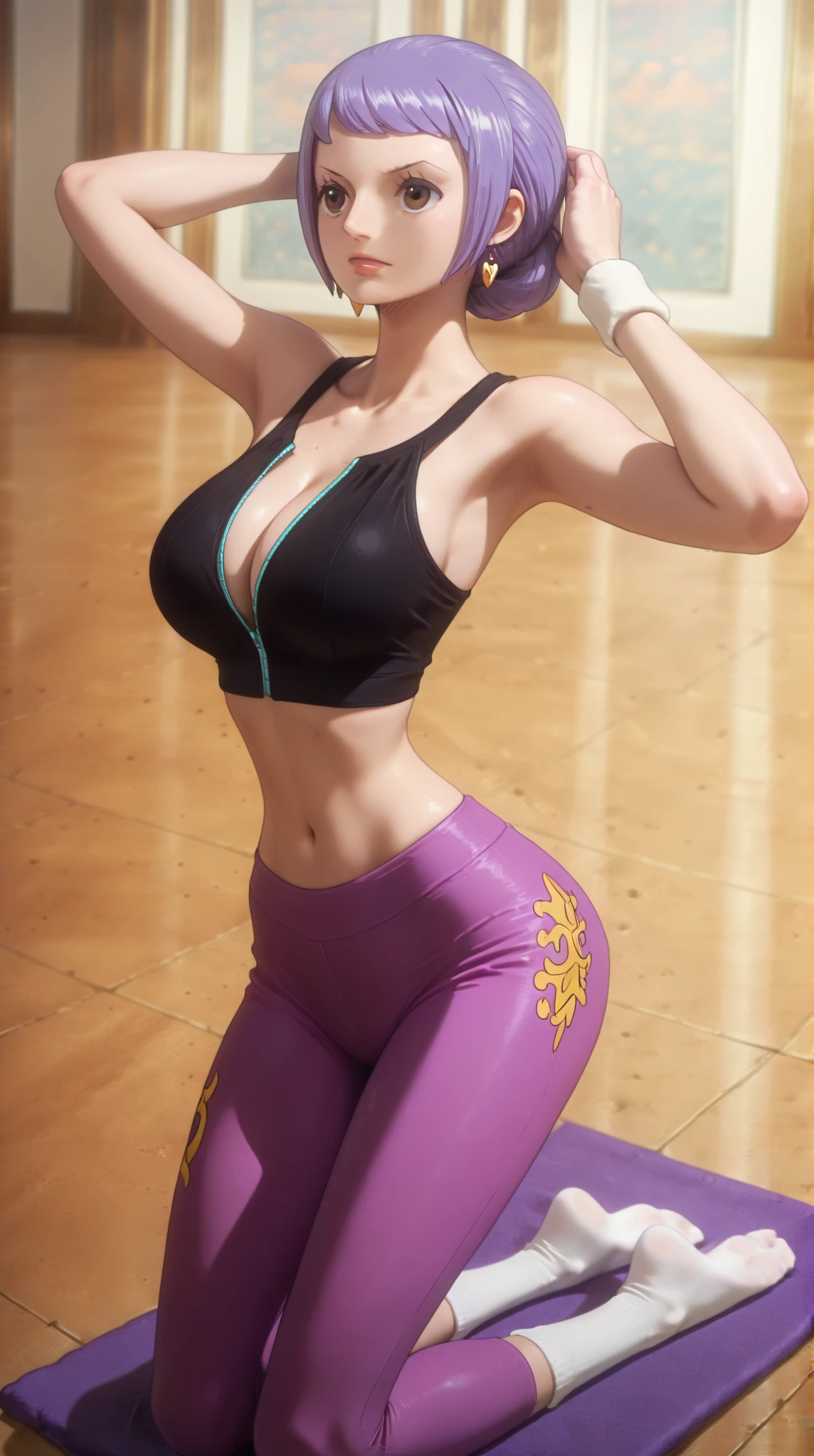 (best quality:1.3), (4k quality),(sharp image), Pakura, ((Detailed face)), ((masterpiece face)),((perfect detailed eyes)) (blush), Pakura, green hair with brown, tied hair, brown eyes, pink lips, pink lips, sly face, face with stern features, ((detailed face)), perfect face, highly detailed eyes, masterpiece, absurdres , (intricate details), (colorful),cinematic lighting, extremely detailed CG unity 8k wallpaper , 1girl, solo, mature female, erected tits, fit body, cameltoe, headband, (((black tight top, violet tight  shorts))), (tricky glance, wicked smile), fit slim body, gym , ((perfect small erected breast)), standing in seductive pose and touching her tits