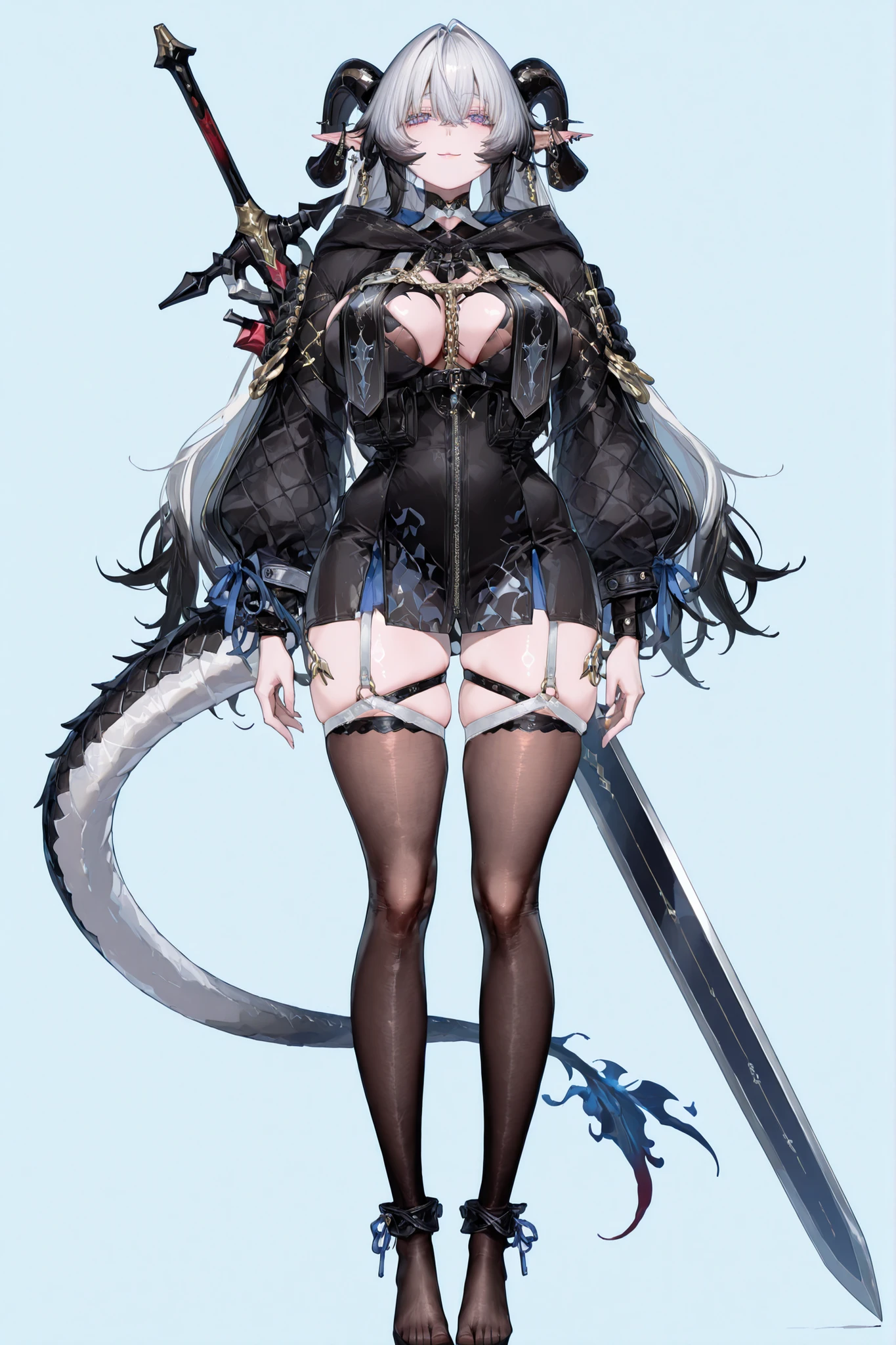 8k wallpaper、 top quality 、masterpiece, 748cm スThailandル 、sexy black bralette dress with fishnet top beneath, woman 1 person、ribbon、piercings and earrings on her ears, pointy elf ears, black ripped pelvic curtain dress、 cute black oversized coat with puffy sleaves with open sholders, chains and Accessories on clothes, dark pantyhose and fishnet、 black knee socks 、rororogi mogera、 style strap 、 Thailand、 pantyhose、、black hair with gray tips and gold lines、 albino eyelashes 、 long hair falling down her chest、 Underbob 、blue ribbon bow in the head、 Pretty blueish purple Eyes、 wide hips、Protruding thighs 、 pale pinky skin, very big breasts 、close up, Light blue background 、open chest area dress, simple background、lazy smile、 high detail design, standing up、boob window, leaning down towards the camera, making a cute pose with her hands, fullbody, , huge sword on her back, punk style clothes, chest fishnet top, fishnet stocking, big cute , wings behind her ears, demon girl, five big octopus tails behind her, black horns, goat eyes, five octopus tails, big hair. heavenly divine dragon girl, white huge dragon horns with golden ends, big dragon tail, white hair, ver long hair, thick hair, very big breast, green-blue gradient dragon eyes, white dragon sexy revealing outfit with breast curtains, white nylon stockings, white choker, sexy white cheongsam dress with gold details, taliman paper on her , fullbody, head to toe, black dragon scales on her thighs, bare feet, exposed toes