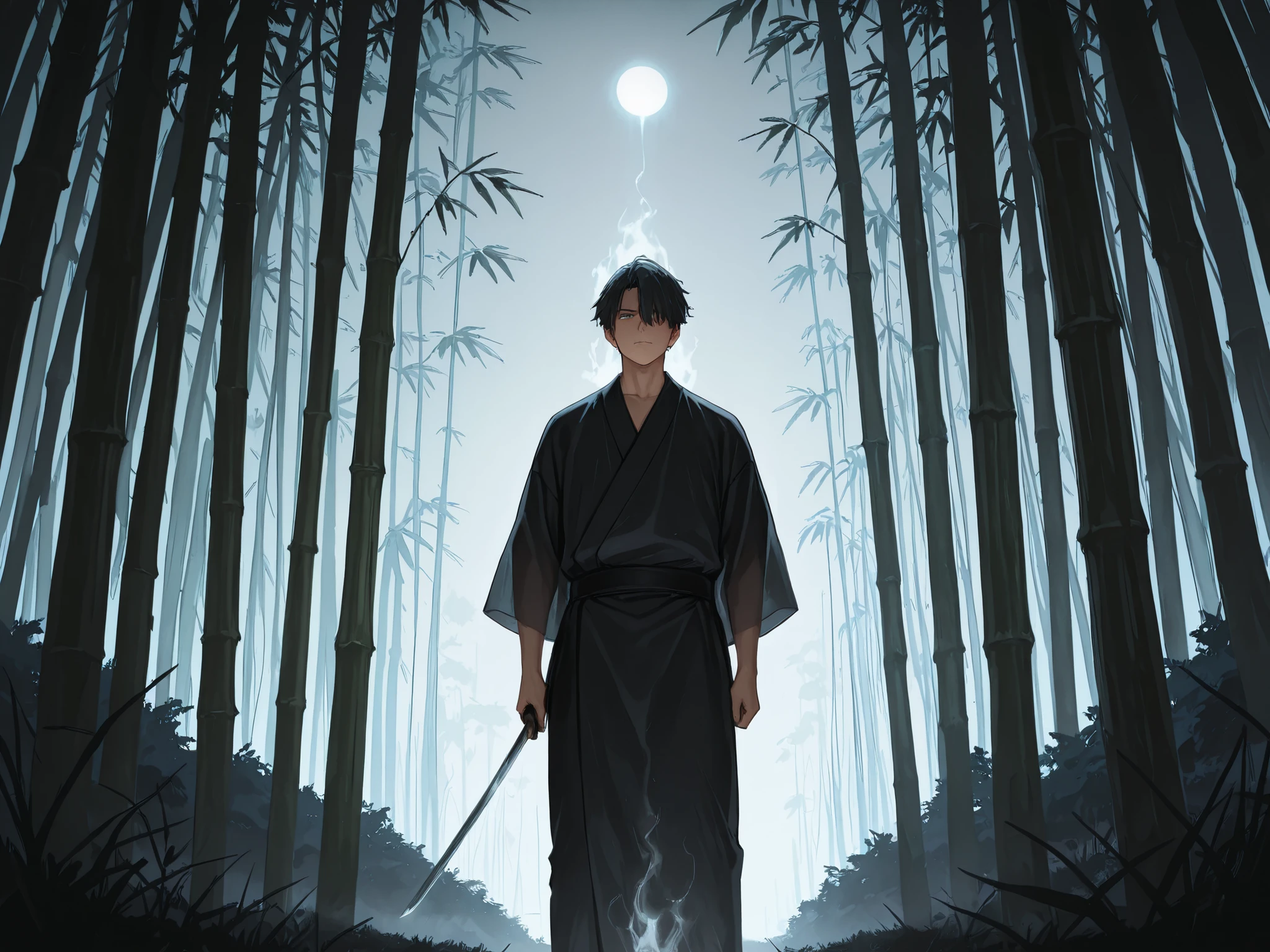 (Masterpiece, best quality, detailed anime illustration), cinematic, atmospheric, mystical, historical. Yagyu Jubei Mitsuyoshi, the Unseen Blade. A tall, lean man in a dark, simple kimono, standing perfectly still in a moonlit bamboo grove. His face is partially obscured by shadow or his hair, but one visible eye glows with a faint, otherworldly silver light. Multiple translucent, semi-transparent afterimages of himself overlap and flicker around his main form, creating a disorienting effect. He holds a wakizashi loosely, and the blade itself seems to phase in and out of existence. Falling bamboo leaves are silently sliced in mid-air around him. The vibe is eerie, calm, and utterly terrifying. The art style should evoke psychological thriller anime.

--ar 2:3 --niji 6