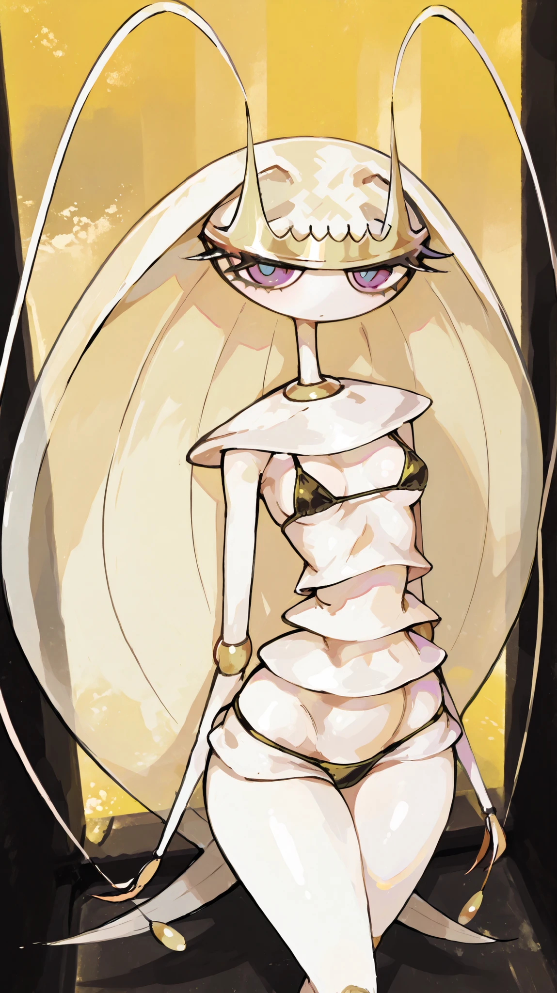 ((Pheromosa from Pokemon)), White Body, BAR Background,small Breasts, Wide Hips, Thin Waist, Very Thin Waist, ((Wasp Waist)), Solo, Aerial View, vibrant colors, cel shading, Simplistic Art Style, solo,black Micro bikini ,look at viewer