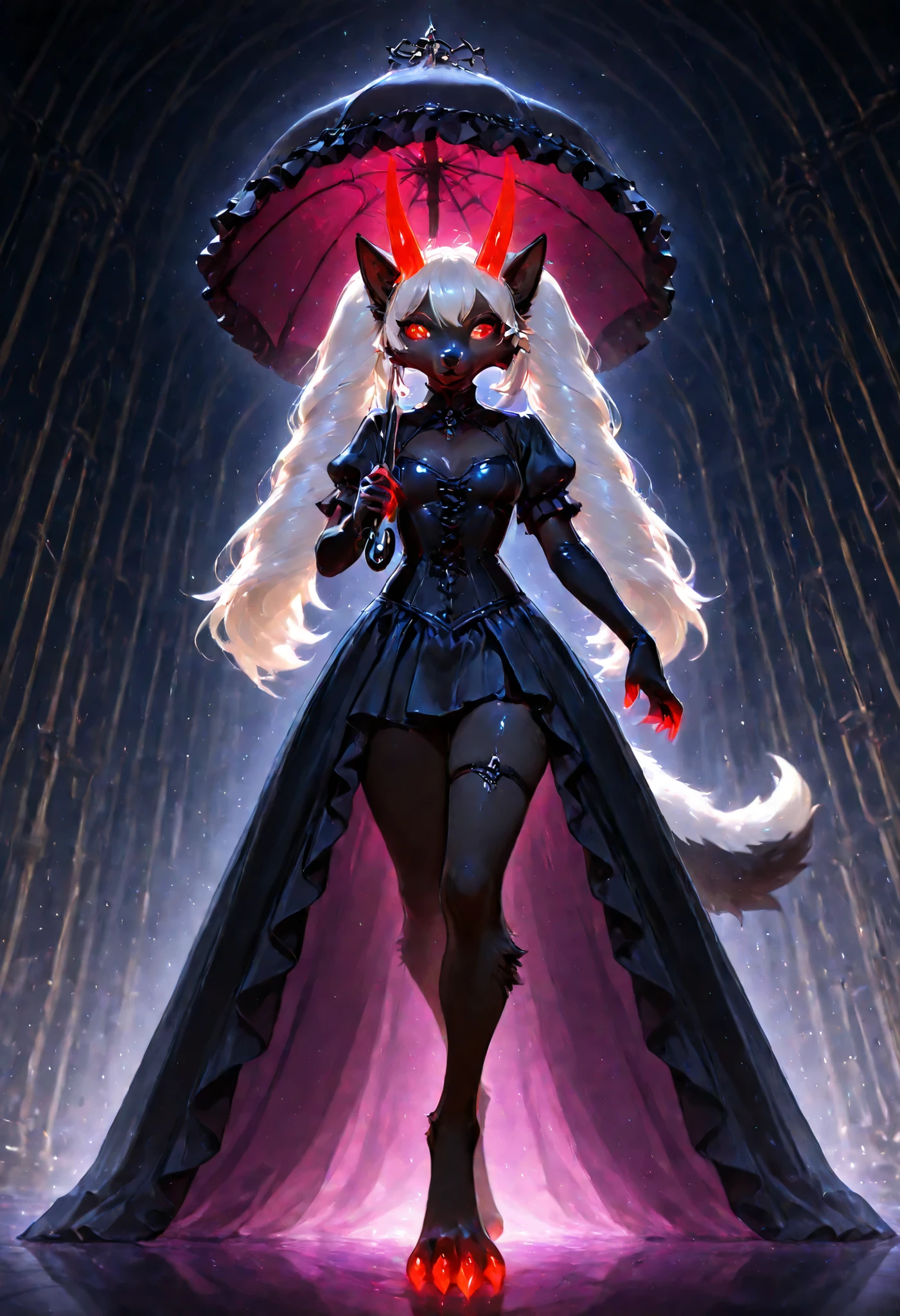 sharrax, ((((anthro)))), ((female)), straight glowing horns,red glowing claws, pitch black body fur, luminous white mane, luminous white-black tail,abstract painting, jet black background , 8K resolution, High detail, masterpiece, 8k, Highest Quality, detail, high resolution, Digital Painting, ultra detailed, (detailed eyes:1.2), (sharp eyes:1.1), (smooth skin:1.1), (shiny skin:1.2), anime illustration of a gothic parade aristocrat Marie Antoinette-inspired pompadour interwoven with black velvet ribbons and miniature silver birdcages containing mechanical nightingales, heterochromatic eyes—one midnight blue, one blood red—with clock-gear patterns in the irises, porcelain skin with delicate beauty mark beneath right eye, wearing an opulent Victorian mourning dress with massive hoop skirt layered with black silk, purple velvet, and silver-threaded lace, bodice adorned with obsidian beadwork forming spider web patterns, high collar of black ostrich feathers, elbow-length gloves with intricate embroidery depicting scenes from Dante's Inferno, carrying a parasol made from bat wings and black lace, riding atop a Gothic carriage pulled by skeletal horses draped in velvet caparisons