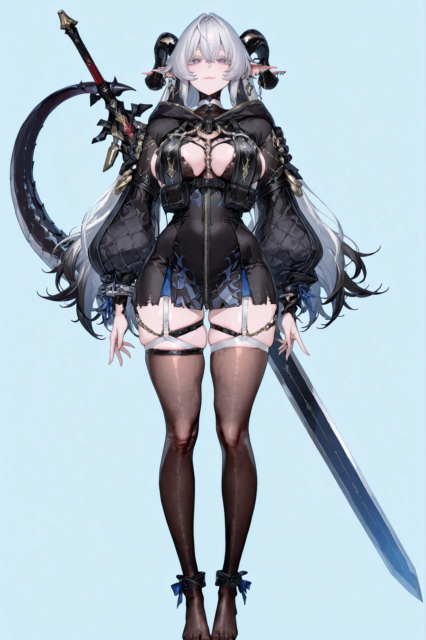 8k wallpaper、 top quality 、masterpiece, 748cm スThailandル 、sexy black bralette dress with fishnet top beneath, woman 1 person、ribbon、piercings and earrings on her ears, pointy elf ears, black ripped pelvic curtain dress、 cute black oversized coat with puffy sleaves with open sholders, chains and Accessories on clothes, dark pantyhose and fishnet、 black knee socks 、rororogi mogera、 style strap 、 Thailand、 pantyhose、、black hair with gray tips and gold lines、 albino eyelashes 、 long hair falling down her chest、 Underbob 、blue ribbon bow in the head、 Pretty blueish purple Eyes、 wide hips、Protruding thighs 、 pale pinky skin, very big breasts 、close up, Light blue background 、open chest area dress, simple background、lazy smile、 high detail design, standing up、boob window, leaning down towards the camera, making a cute pose with her hands, fullbody, , huge sword on her back, punk style clothes, chest fishnet top, fishnet stocking, big cute , wings behind her ears, demon girl, five big octopus tails behind her, black horns, goat eyes, five octopus tails, big hair. heavenly divine dragon girl, white huge dragon horns with golden ends, big dragon tail, white hair, ver long hair, thick hair, very big breast, green-blue gradient dragon eyes, white dragon sexy revealing outfit with breast curtains, white nylon stockings, white choker, sexy white cheongsam dress with gold details, taliman paper on her , fullbody, head to toe, black dragon scales on her thighs, bare feet, exposed toes