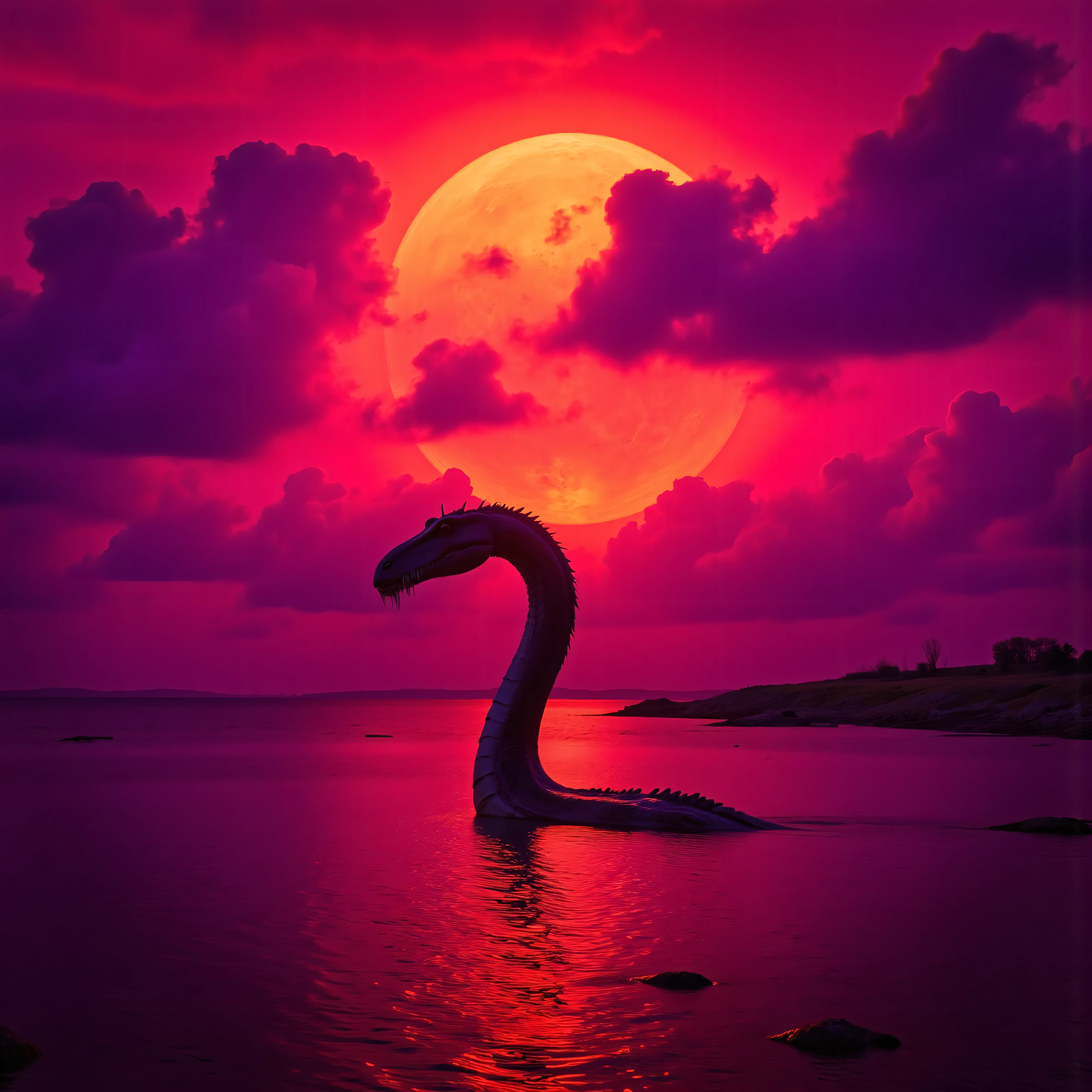 Ultra-realistic, photo-realistic, the most aesthetically incredible images of a sunset ever made. The fireball that is the sun appears overly large, orange, burnt orange, yellow, hanging low, and overly bright in the sky, partially obscured by many cumulus clouds that have turned purple, purple-red, red, and neon pink as billowing filters for the bright sunlight. There is a lake below the sunset that reflects it perfectly like a mirror. A strange creature with a prehistoric look, lifts its dark head and long neck out of the water. It has a striking and monstrous appearance. Documentary style photorealism, raw photo, 8k, High-resolution, best quality, vibrant, dramatic lighting and shading within the image are enhanced by high-contrast lighting and coloration. Ultra-realistic, Photorealistic, 3D rendered realism, UHDR, high-res, 8k Octane render, trending on artstation, stable diffusion, cinematic photography, icon style, cinematography. Visually striking composition and a stunning masterpiece, of out-of-this-world proportions. Experimental landscape art style in photorealism photography, a real-life creature photo. Optically stimulating and colorful clouds and sunset. Vibrant, dramatic lighting and shading within the image are enhanced by high-contrast lighting and coloration. Physically-based rendering, otherworldly, surreal, whimsical, avant-garde, strange, and beautiful images.