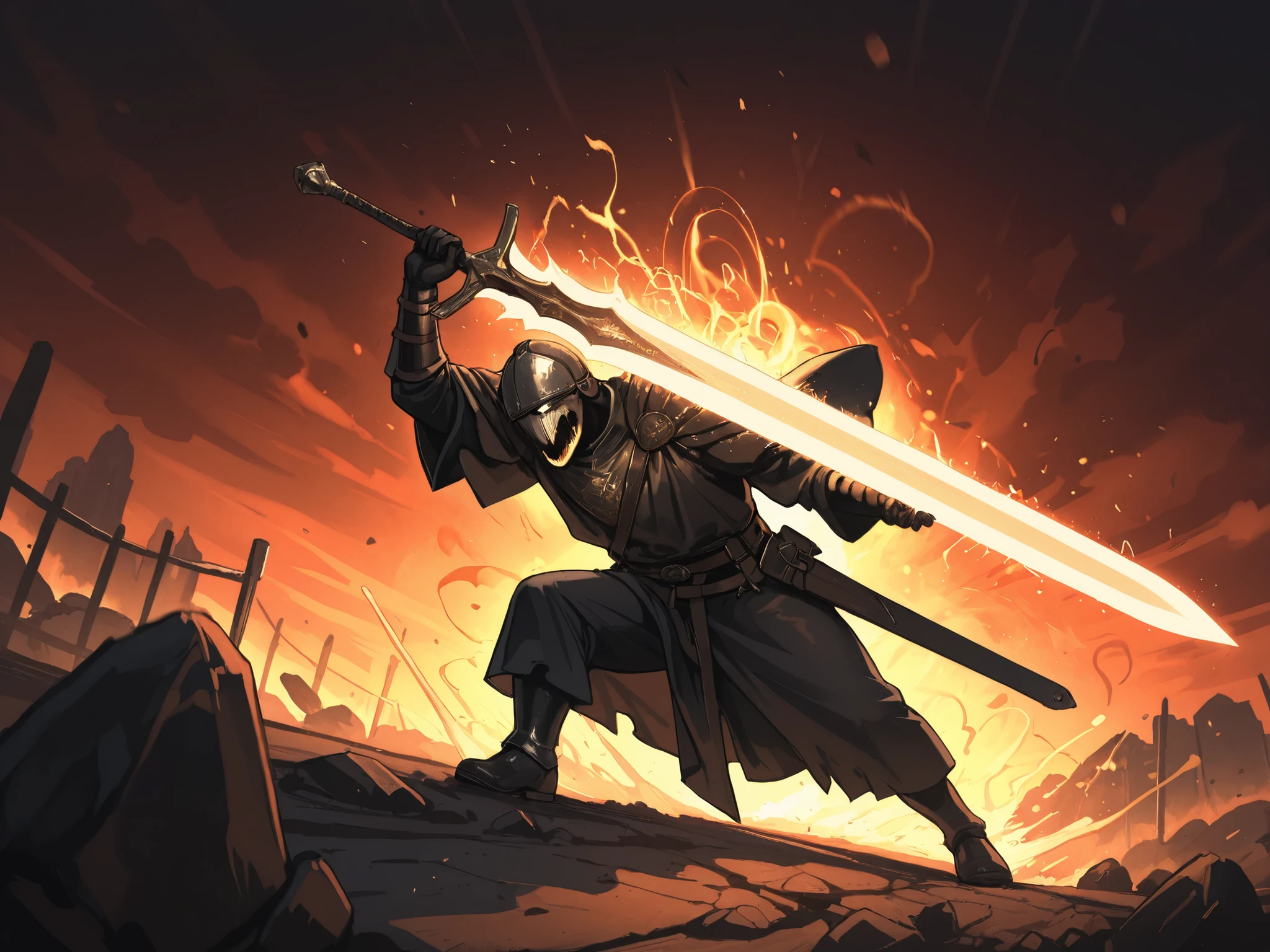 (Masterpiece, best quality, detailed anime illustration), cinematic, dynamic action, intense, medieval combat. Johannes Liechtenauer in a dueling stance, moments before delivering a master stroke. A man in his 50s, face sharp and focused. He wears practical, padded fencing gear, not courtly robes. He grips a massive longsword in both hands, the blade mid-motion, initiating the "Zornhau" (Stroke of Wrath). Glowing, golden geometric lines and ancient runes (Vorh, Nach) materialize in the air, tracing the perfect angle and trajectory of his attack. He is surrounded by a semi-transparent, ghostly diagram of the human body with marked vital points. The background is a stark, stone-covered training ground at dusk. The vibe is the terrifying moment when pure theory becomes unstoppable physical reality.

--ar 2:3 --niji 6