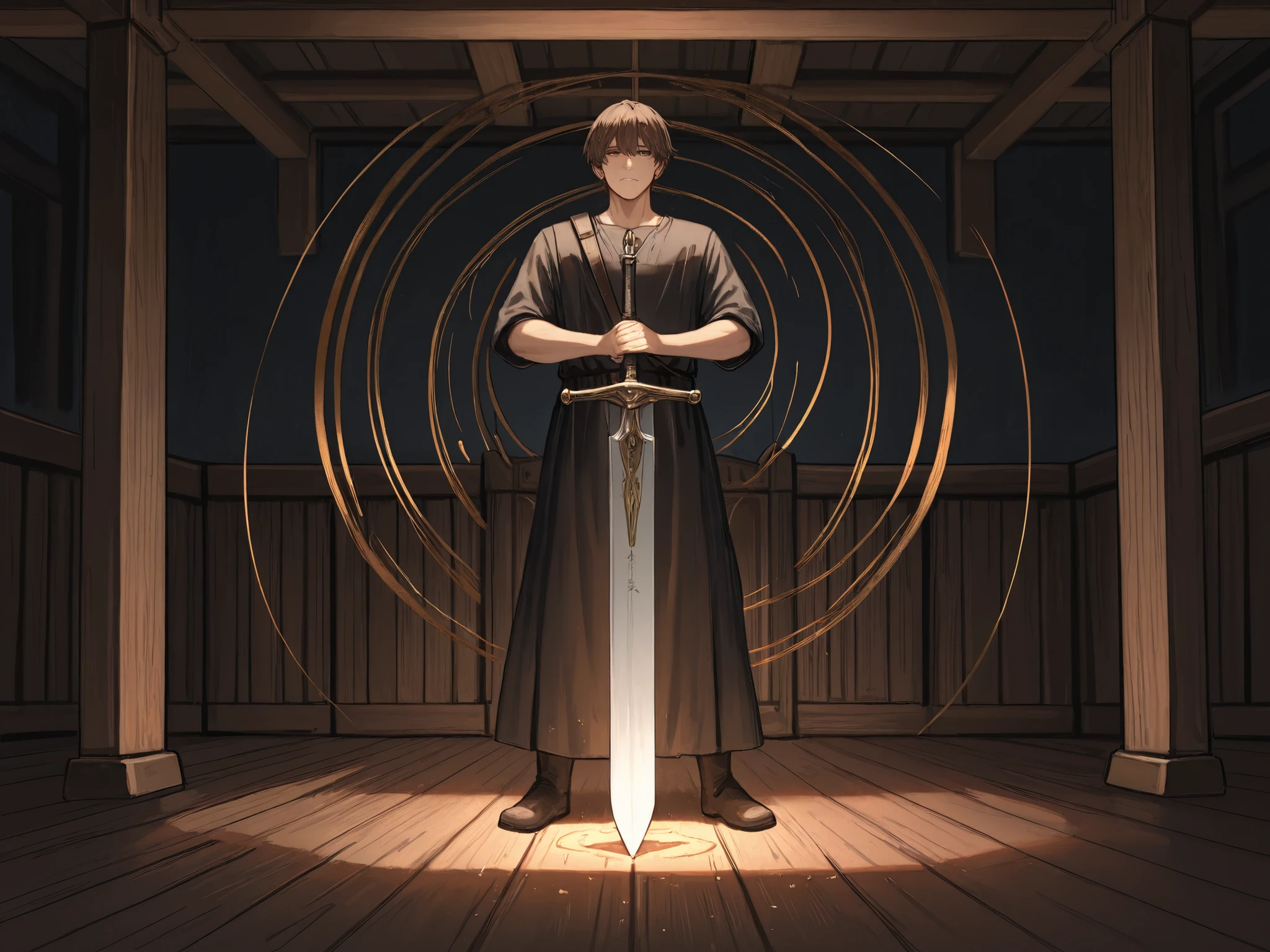 (Masterpiece, best quality, detailed anime illustration), cinematic, atmospheric, medieval setting. Sigmund Ringeck, the Master Interpreter. A powerful, broad-shouldered man in his 40s with a strong, honest face and a calm, observant gaze. Short, practical brown hair. He is clad in functional, well-worn fencing gear and a dark tunic. He stands in a ready, balanced longsword stance in a dimly lit, wooden training hall (Fechtschule). One hand firmly grips the pommel of his longsword, the other rests on an open, handwritten codex on a lectern, showing detailed diagrams of Liechtenauer's teachings. Faint, shimmering golden lines and runic abbreviations from the manuscript float in the air around him and his blade, connecting theory to the physical form. The vibe is unwavering confidence, deep understanding, and the quiet authority of a true master.

--ar 2:3 --niji 6