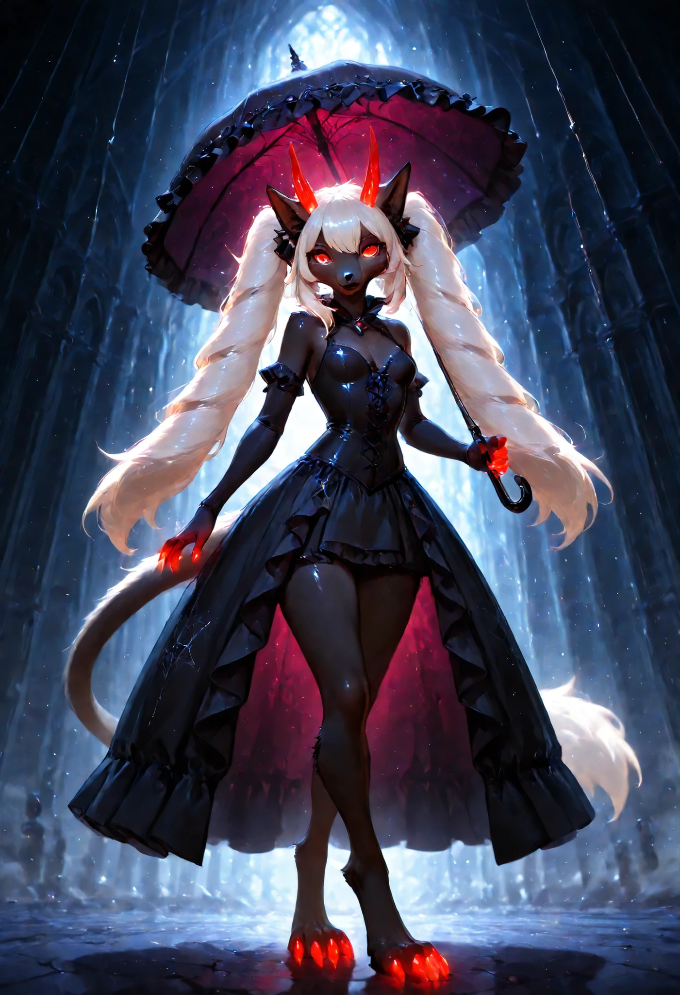 sharrax, ((((anthro)))), ((female)), straight glowing horns,red glowing claws, pitch black body fur, luminous white mane, luminous white-black tail,abstract painting, jet black background , 8K resolution, High detail, masterpiece, 8k, Highest Quality, detail, high resolution, Digital Painting, ultra detailed, (detailed eyes:1.2), (sharp eyes:1.1), (smooth skin:1.1), (shiny skin:1.2), anime illustration of a gothic parade aristocrat Marie Antoinette-inspired pompadour interwoven with black velvet ribbons and miniature silver birdcages containing mechanical nightingales, heterochromatic eyes—one midnight blue, one blood red—with clock-gear patterns in the irises, porcelain skin with delicate beauty mark beneath right eye, wearing an opulent Victorian mourning dress with massive hoop skirt layered with black silk, purple velvet, and silver-threaded lace, bodice adorned with obsidian beadwork forming spider web patterns, high collar of black ostrich feathers, elbow-length gloves with intricate embroidery depicting scenes from Dante's Inferno, carrying a parasol made from bat wings and black lace, riding atop a Gothic carriage pulled by skeletal horses draped in velvet caparisons