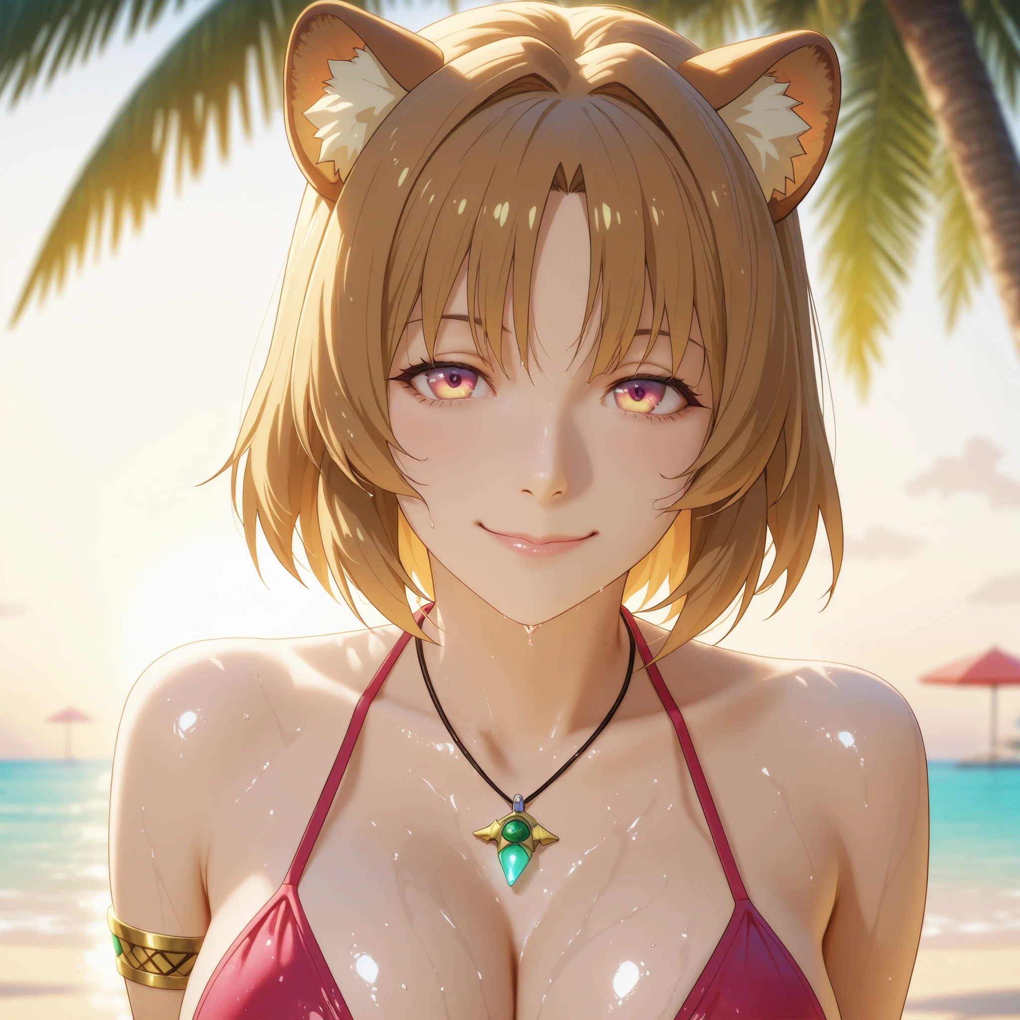 Villainous Raphtalia from The Rising of the Shield Hero, depicted as a mature, confident warrior with short damp hair, glowing yellow eyes, and a teasing, arrogant smile. She wears a pink-and-red bikini inspired by the Brazilian flag, accessorized with elegant bracelets and a small pendant. Her wet skin shines under the tropical sun as she walks along a vibrant Brazilian beach with white sand, turquoise water, and palm trees casting long shadows. Full-body anime artwork, extremely detailed, ethereal atmosphere, warm lighting, realistic reflections on her wet skin and hair, soft breeze effect, 4K, highly aesthetic masterpiece.
