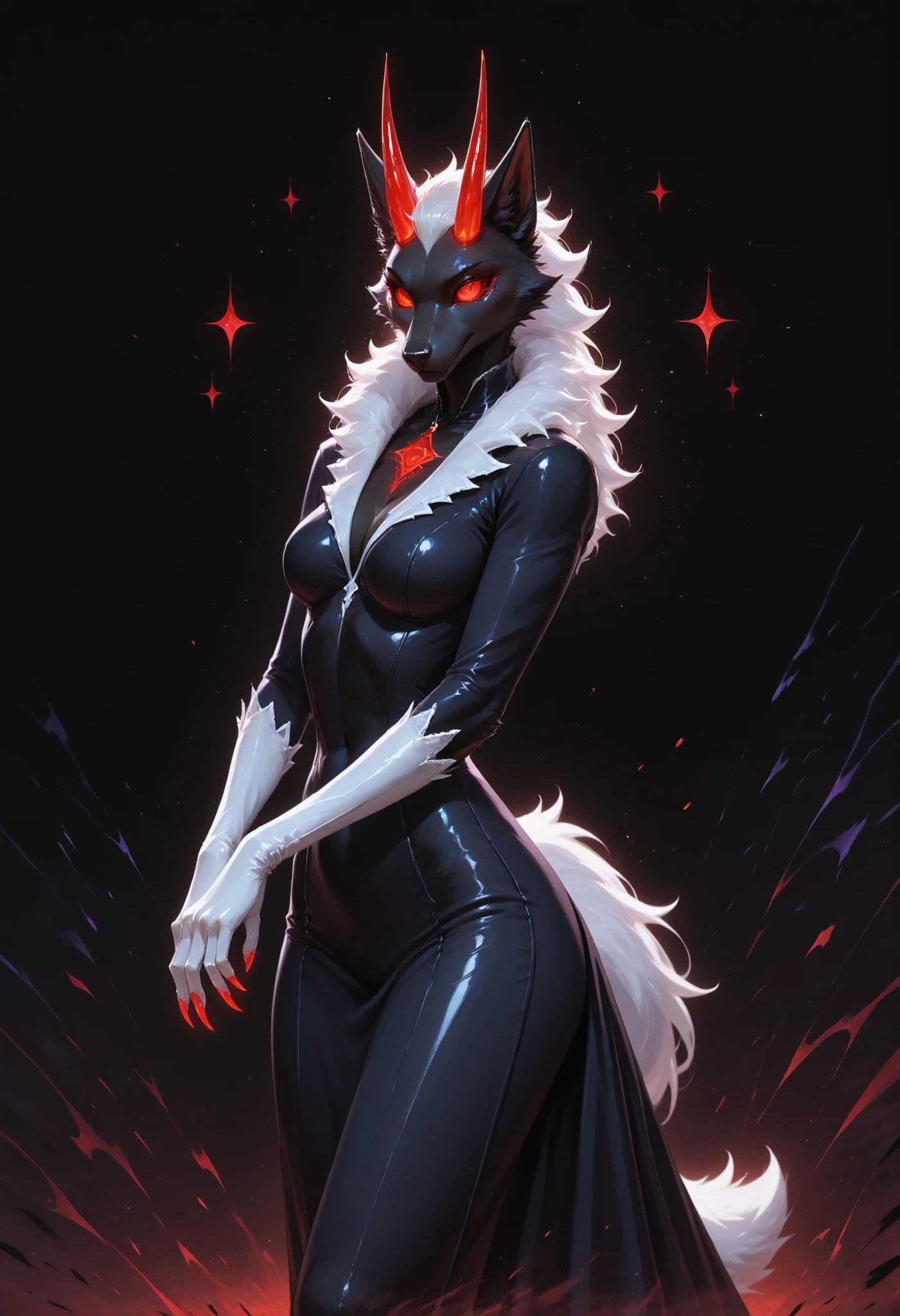 sharrax, ((((anthro)))), ((female)), straight glowing horns,red glowing claws, pitch black body fur, luminous white mane, luminous white-black tail,abstract painting, jet black background , 8K resolution, High detail, masterpiece, 8k, Highest Quality, detail, high resolution, Digital Painting, ultra detailed, (detailed eyes:1.2), (sharp eyes:1.1), (smooth skin:1.1), (shiny skin:1.2), anime illustration of a gothic parade aristocrat Marie Antoinette-inspired pompadour interwoven with black velvet ribbons and miniature silver birdcages containing mechanical nightingales, heterochromatic eyes—one midnight blue, one blood red—with clock-gear patterns in the irises, porcelain skin with delicate beauty mark beneath right eye, wearing an opulent Victorian mourning dress with massive hoop skirt layered with black silk, purple velvet, and silver-threaded lace, bodice adorned with obsidian beadwork forming spider web patterns, high collar of black ostrich feathers, elbow-length gloves with intricate embroidery depicting scenes from Dante's Inferno, carrying a parasol made from bat wings and black lace, riding atop a Gothic carriage pulled by skeletal horses draped in velvet caparisons