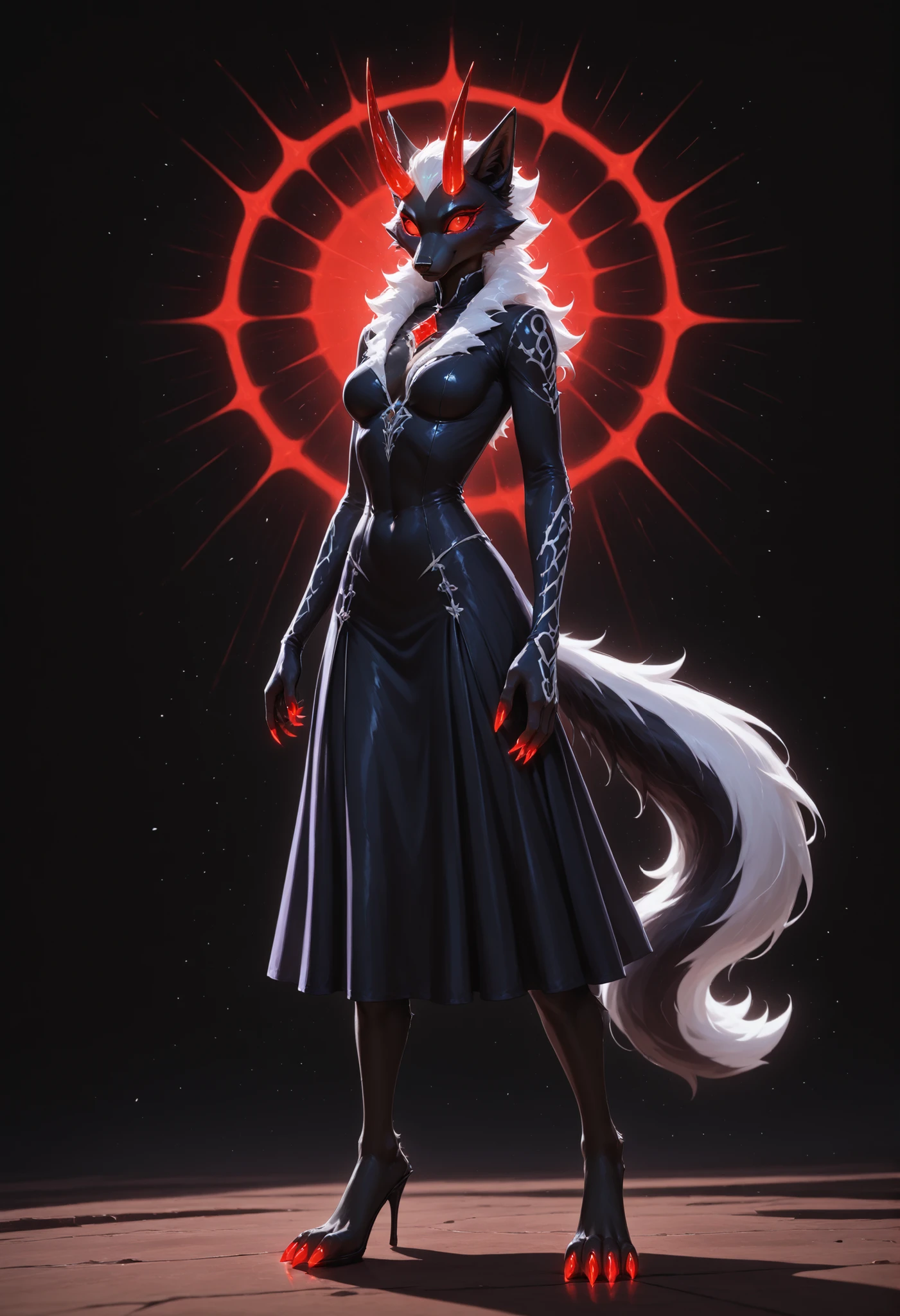 sharrax, ((((anthro)))), ((female)), straight glowing horns,red glowing claws, pitch black body fur, luminous white mane, luminous white-black tail,abstract painting, jet black background , 8K resolution, High detail, masterpiece, 8k, Highest Quality, detail, high resolution, Digital Painting, ultra detailed, (detailed eyes:1.2), (sharp eyes:1.1), (smooth skin:1.1), (shiny skin:1.2), anime illustration of a gothic parade aristocrat Marie Antoinette-inspired pompadour interwoven with black velvet ribbons and miniature silver birdcages containing mechanical nightingales, heterochromatic eyes—one midnight blue, one blood red—with clock-gear patterns in the irises, porcelain skin with delicate beauty mark beneath right eye, wearing an opulent Victorian mourning dress with massive hoop skirt layered with black silk, purple velvet, and silver-threaded lace, bodice adorned with obsidian beadwork forming spider web patterns, high collar of black ostrich feathers, elbow-length gloves with intricate embroidery depicting scenes from Dante's Inferno, carrying a parasol made from bat wings and black lace, riding atop a Gothic carriage pulled by skeletal horses draped in velvet caparisons