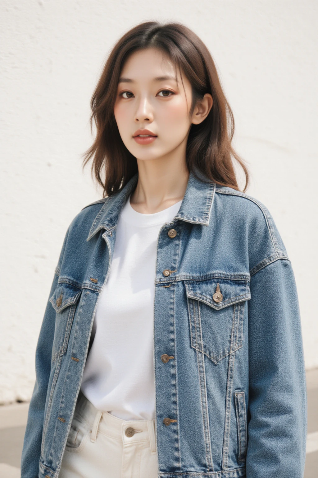 Create a highly detailed image of a young woman enjoying vanilla ice cream。The scene is an urban environment、Possibly set in a busy street or market。The woman is placed in the center、The figure is angled slightly upwards to emphasize the face as he licks the ice cream.。Her characteristics include:、Long dark brown hair with subtle waves、Large, expressive eyes、Includes subtle makeup to accentuate your natural beauty。Her skin is brighter、A healthy flush to the cheeks、Shows excitement or joy。She is wearing a light denim jacket over a white top.、Gives a casual yet stylish impression。Ice cream cone is detailed、Smooth and creamy vanilla ice cream served on a crunchy cone、It is wrapped in pale blue paper with a cute character on it.。In the background there are blurred colorful store fronts and pedestrians.、Capture a lively atmosphere without distracting from the focal subject。Soft natural lighting enhances the warmth and joy of the entire scene.。