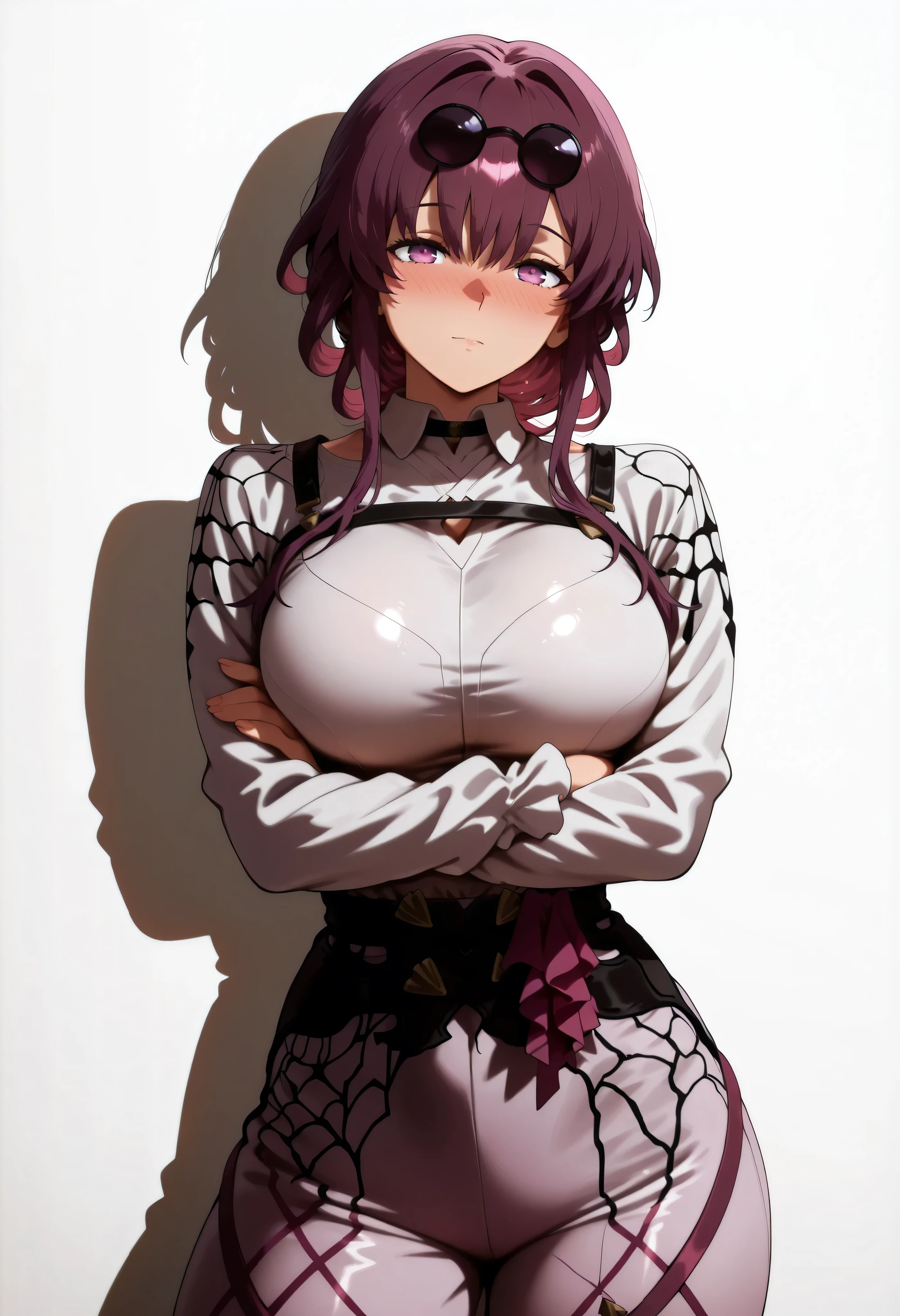 score_9, score_8_up, score_7_up, score_6_up, score_5_up, score_4_up, masterpiece, high quality, shiny skin, shiny hair, shiny body, clear body, large breasts, nose blush, nice legs, standing, nice legs, posing, SFW, looking at viewer, thick thigh, thick thighs, nice face, large breasts, solo, , kafka, eyewear on head, round eyewear, purple eyes, purple hair, long hair, large breasts, large breasts, anime screencap, bedroom, posing, pose, contrapposto, white background, simple background, pants, pants, fully pants, ht_pajamas,laces, crossed arms