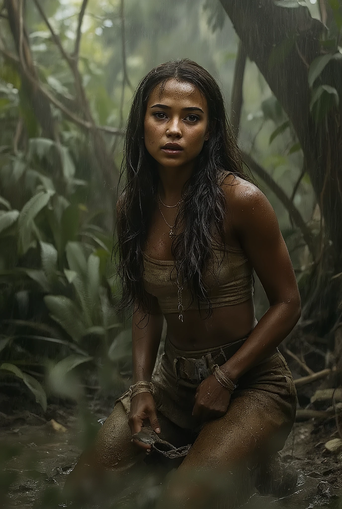 (black skin,african) Lara Croft Naked is kneeling ,scary and shackled,джунгли,грязь,сыро,крупный план,ранение,дождь,туман,капли дождя,боль,страх в ееглазах (африканка-ларакрофт)